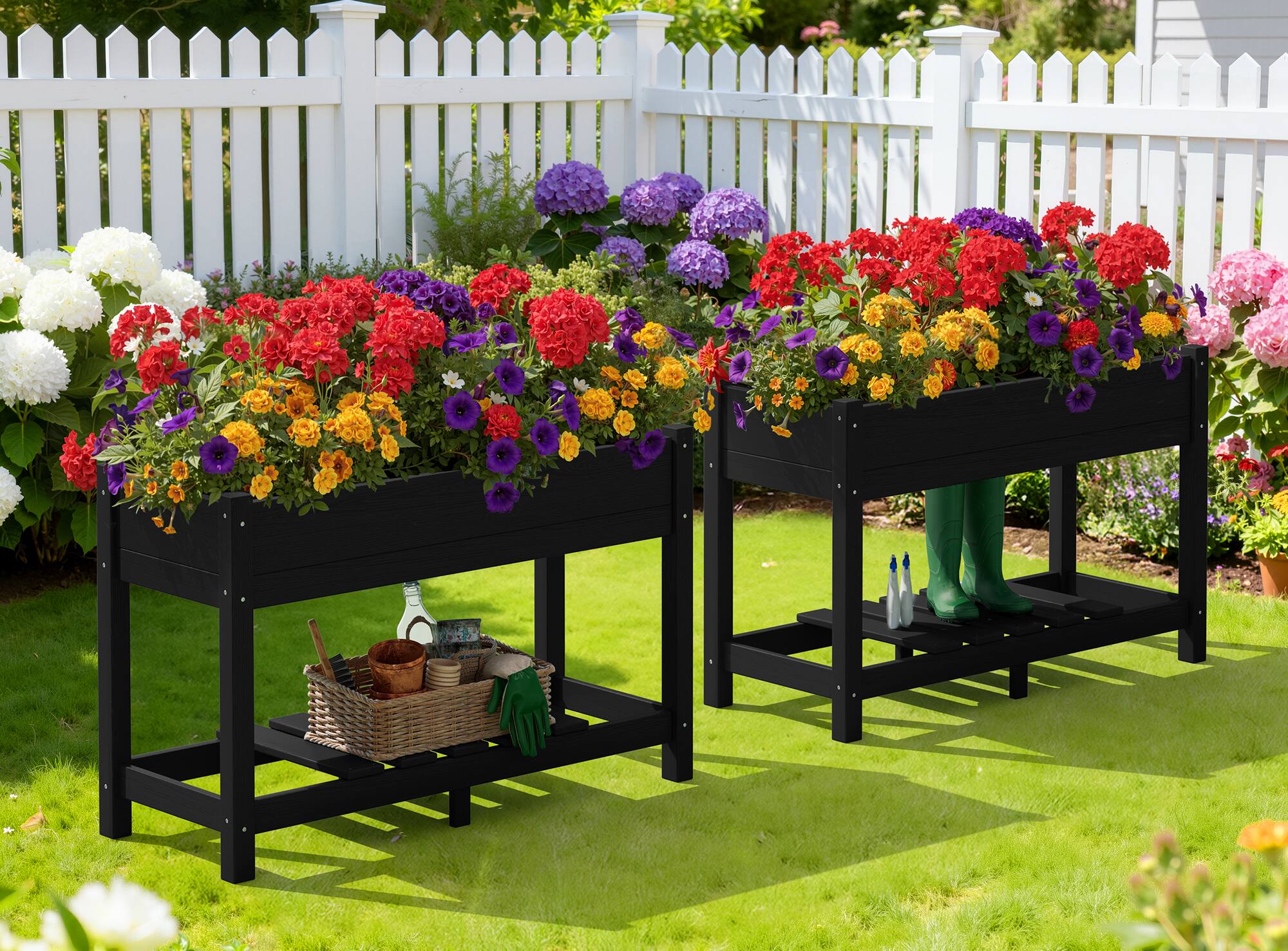 Angle. SERWALL - SERWALL Raised Garden Bed with Legs Set of 2-Black,HDPE Elevated Planter with Storage Shelf & Drainage Holes - black.