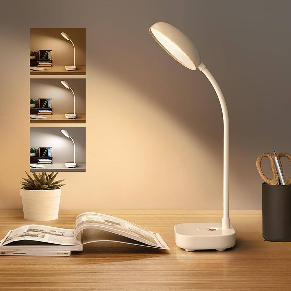Stamp n Camp - Battery Desk Lamp Light Cordless desk lamp rechargeable gooseneck lamp for desk 400LM LED Light 3 Colors Adjustable - White-1 Pack