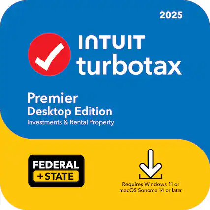 2025 Intuit TurboTax Premier Desktop Edition
Investments & Rental Property
Federal + State
Requires Windows 11 or macOS Sonoma 14 or later