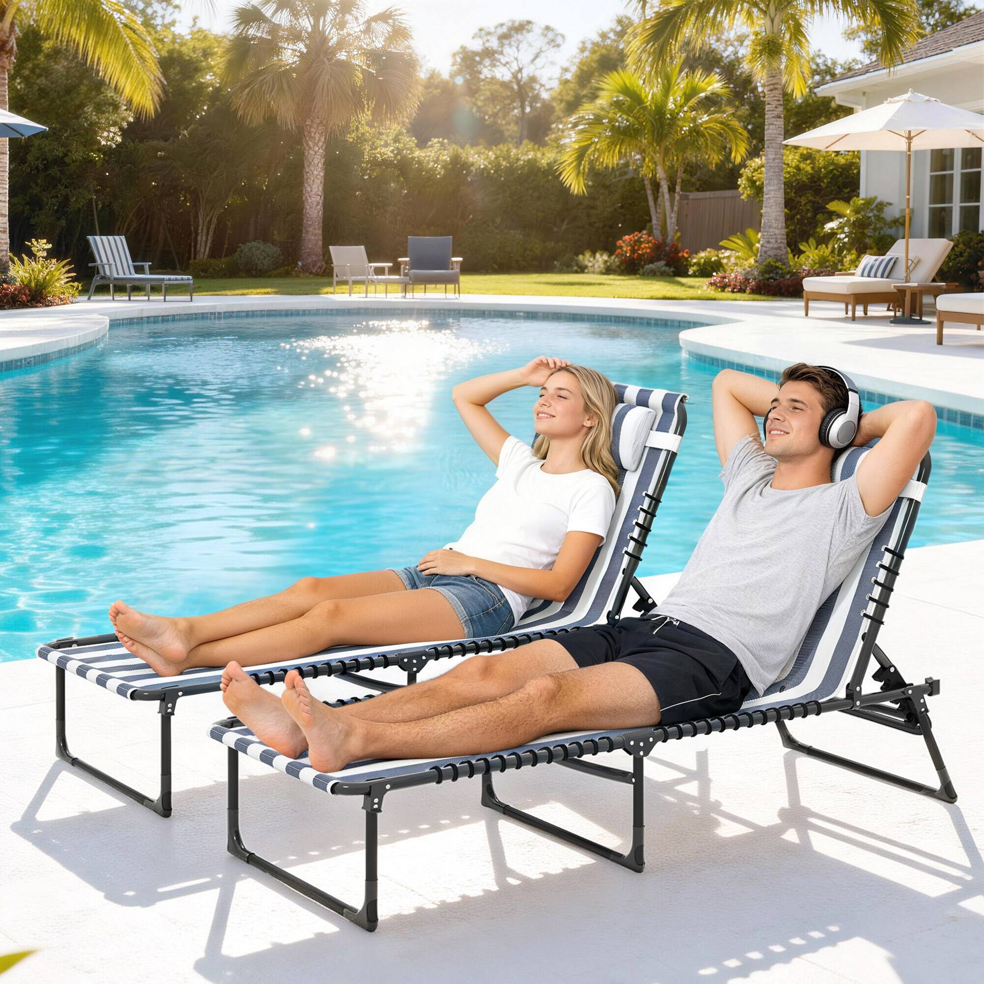 Alt View 1. Outsunny - Folding Chaise Lounge Pool Chairs with 4-Position Reclining Back, Pillow, Breathable Mesh & Bungee Seat - Blue and White.