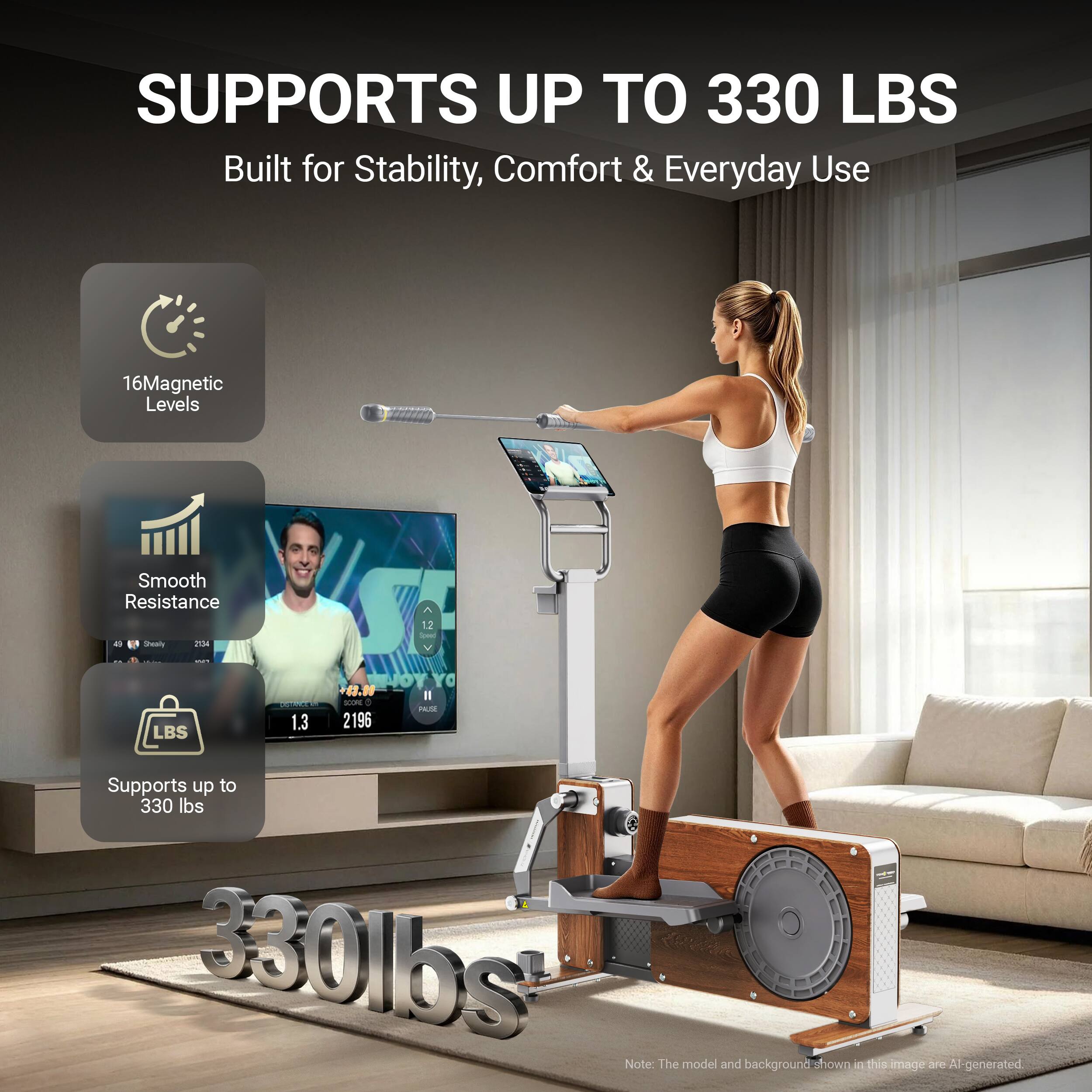 SUPPORTS UP TO 330 LBS  
Built for Stability, Comfort & Everyday Use  

16 Magnetic Levels  
Smooth Resistance  

Supports up to 330 lbs  

Note: The model and background shown in this image are AI-generated.
