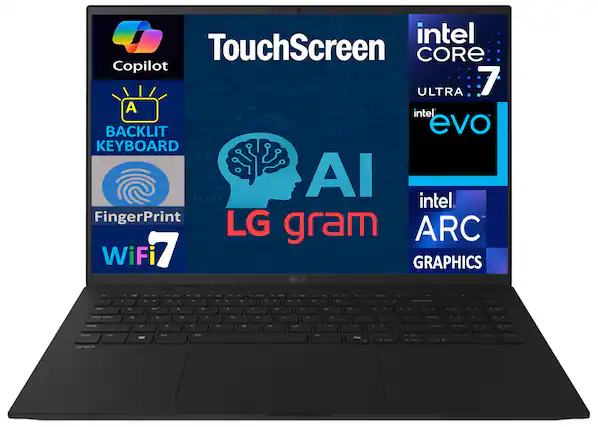 - TouchScreen
- Copilot
- BACKLIT KEYBOARD
- FingerPrint
- WiFi 7
- AI
- LG gram
- intel CORE 7 ULTRA
- intel evo
- intel ARC GRAPHICS