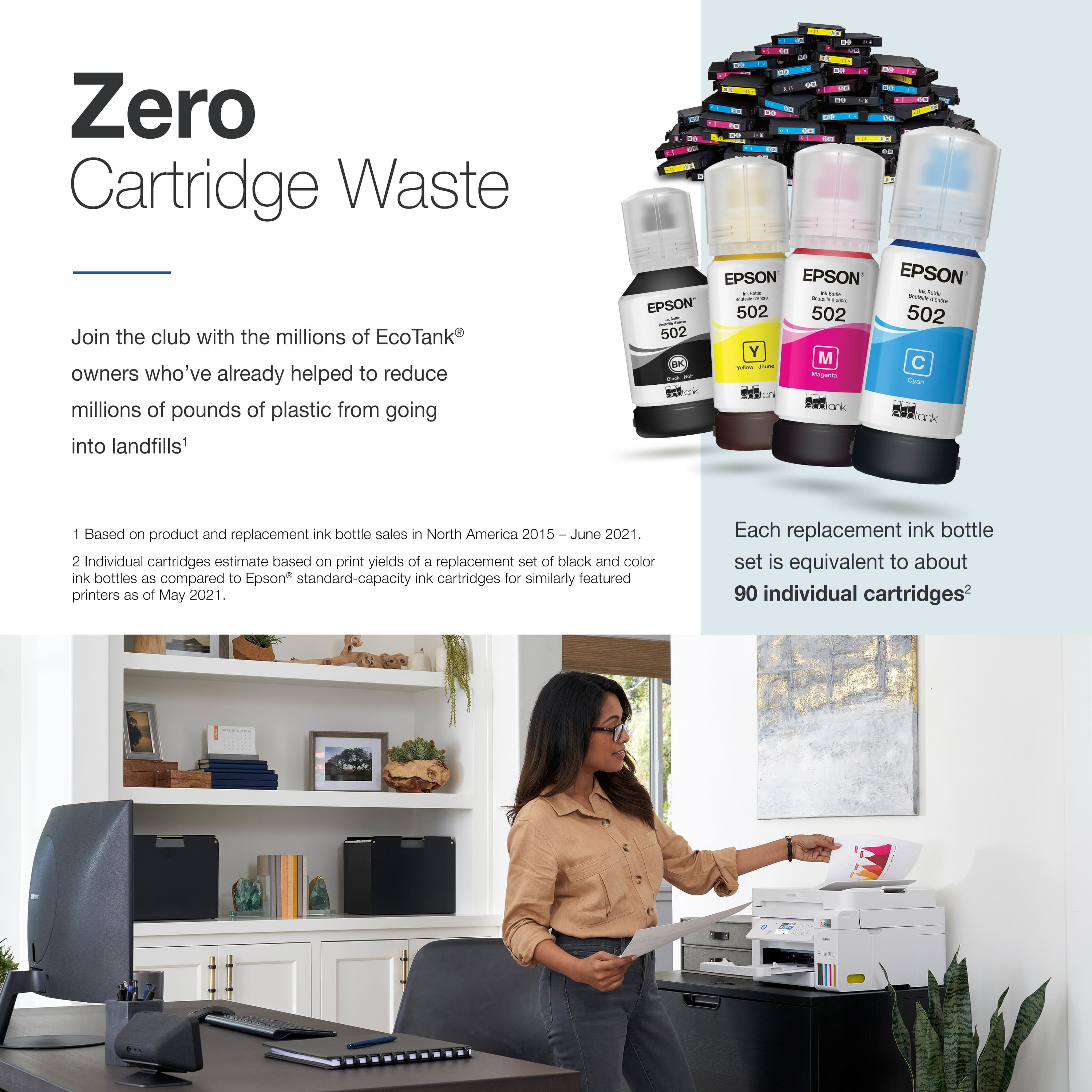 Zero Cartridge Waste Join the club with the millions of EcoTank owners who've already helped to reduce millions of pounds of plastic from going into landfills. Based on product and replacement ink bottle sale in North America 2015 June 2021. Individual cartridges estimate based on print yields of a replacement set of black and color ink bottles as compared to Epson standard-capacity ink cartridges for similarly featured printers as of May 2021. Each replacement ink bottle set is equivalent to about 90 individual cartridges.