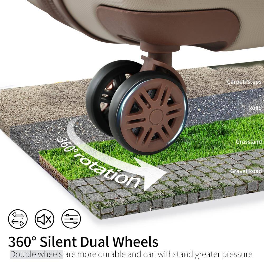 360° Silent Dual Wheels  
Double wheels are more durable and can withstand greater pressure  

Carpet/Steps  
Road  
Grassland  
Gravel Road  

360° rotation
