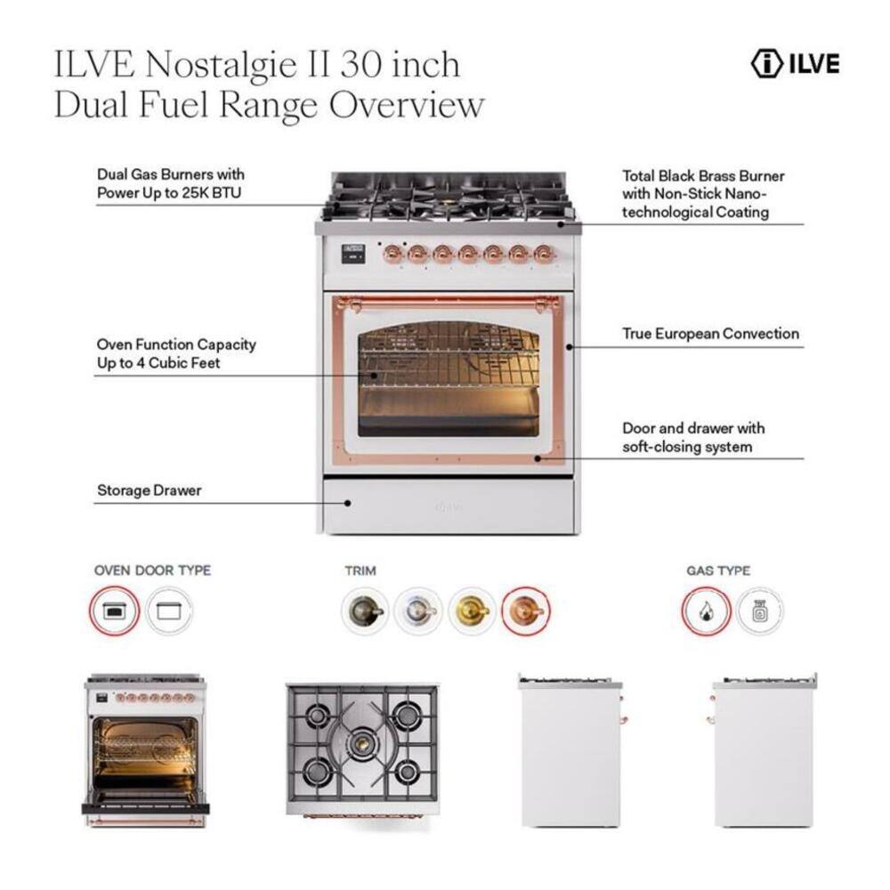 ILVE Nostalgia II 30 inch Dual Fuel Range Overview

- Dual Gas Burners with Power Up to 25K BTU
- Total Black Brass Burner with Non-Stick Nano-technological Coating
- Oven Function Capacity Up to 4 Cubic Feet
- True European Convection
- Door and drawer with soft-closing system
- Storage Drawer

OVEN DOOR TYPE
- [Image of a door]

TRIM
- [Image of a trim]

GAS TYPE
- [Image of a gas type]
