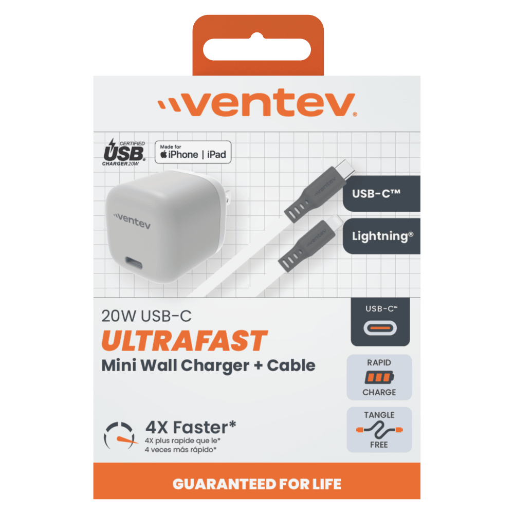 "ventev
CERTIFIED Made for USB iPhone iPad CHARGER20W
USB-C™ Lightning
20W USB-C ULTRAFAST Mini Wall Charger + Cable
USB-C RAPID
CHARGE
4X Faster* 4X plus rapide que le* 4 veces más rápido*
TANGLE FREE
GUARANTEED FOR LIFE