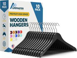 Lifemaster - Wooden Clothes Hangers – 10-Pack, 360° Swivel Hook, Non-Slip Notch, Pants Bar, Holds 10 lbs, for Suits, Coats & Dresses - Black