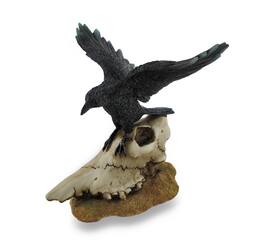 Veronese Design - Open Winged Crow Perched On Sheep Skull Sculptural Figurine - Black