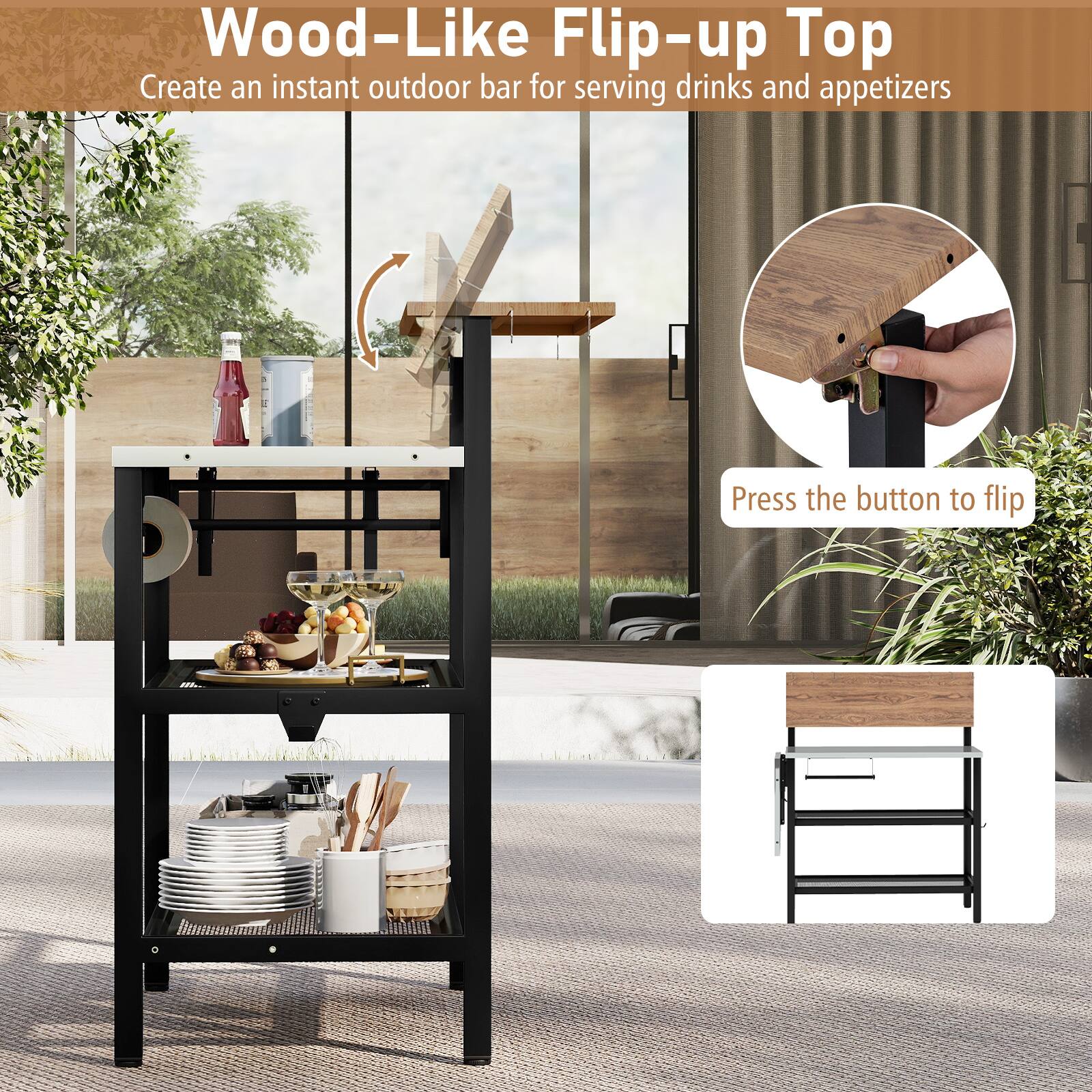 Wood-Like Flip-up Top  
Create an instant outdoor bar for serving drinks and appetizers  
Press the button to flip