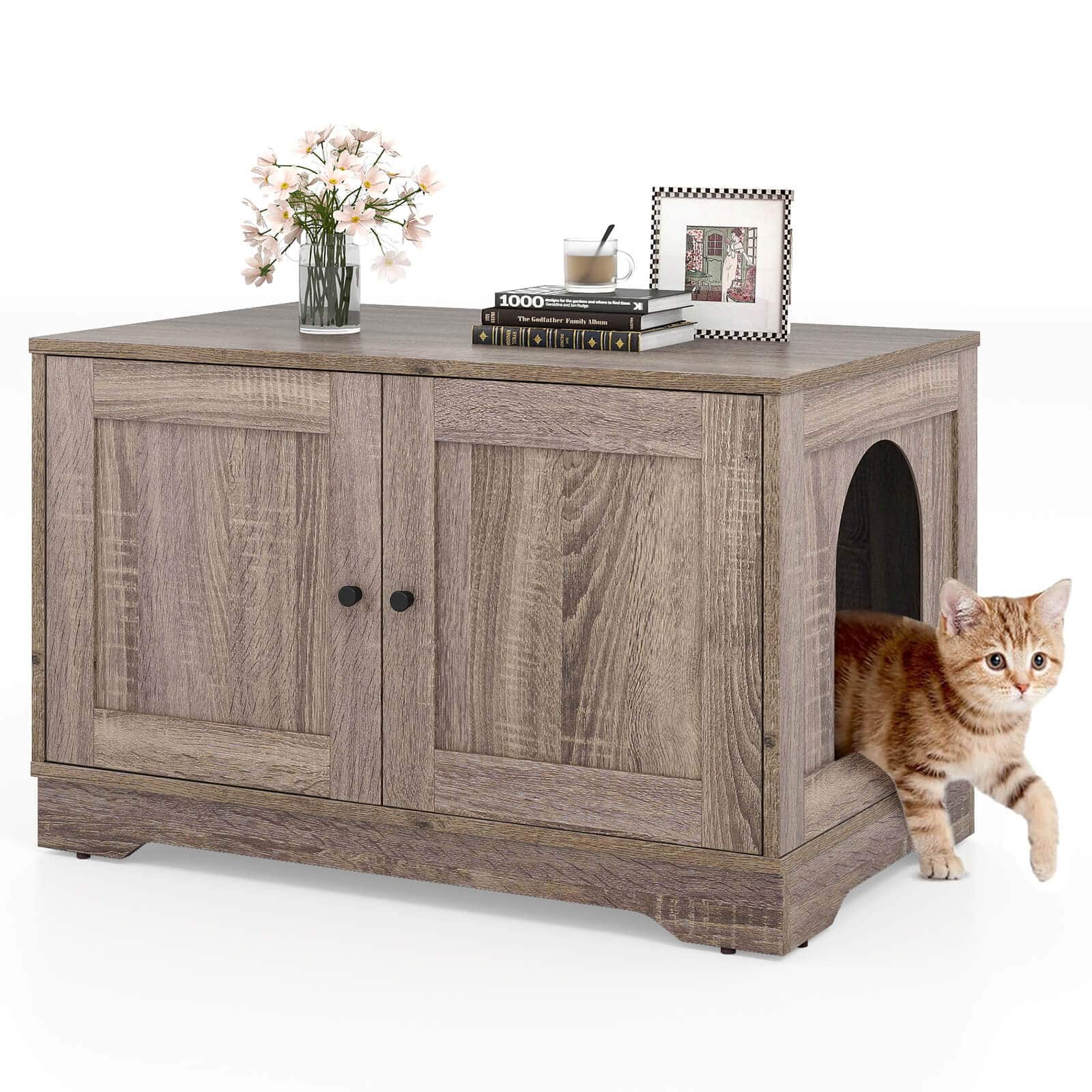 Front. Costway - Costway Cat Litter Box Enclosure Furniture with Double Doors Divider Side Entry for Cats - Gray.