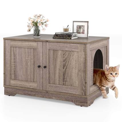 Front. Costway - Costway Cat Litter Box Enclosure Furniture with Double Doors Divider Side Entry for Cats - Gray.
