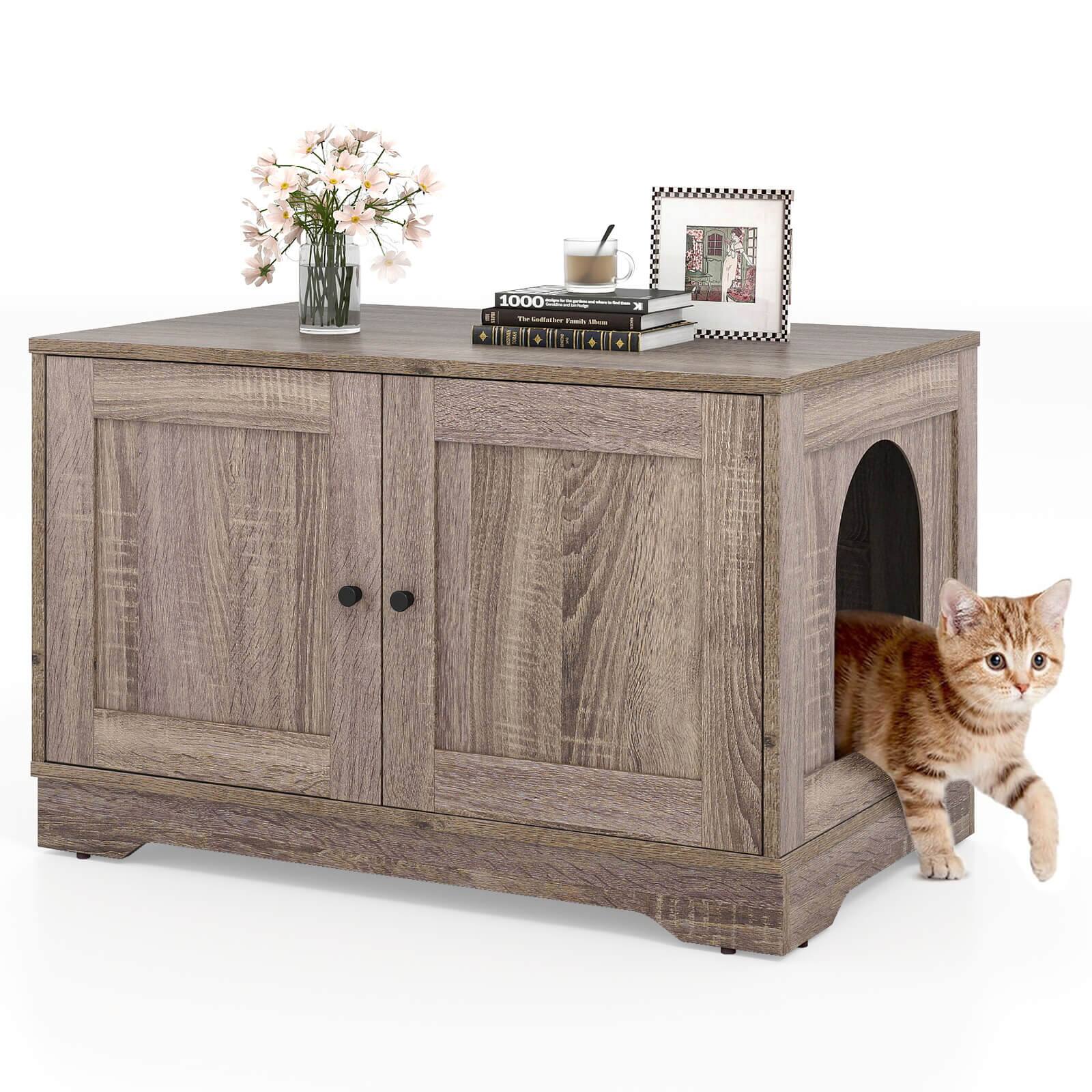 Front. Costway - Costway Cat Litter Box Enclosure Furniture with Double Doors Divider Side Entry for Cats - Gray.