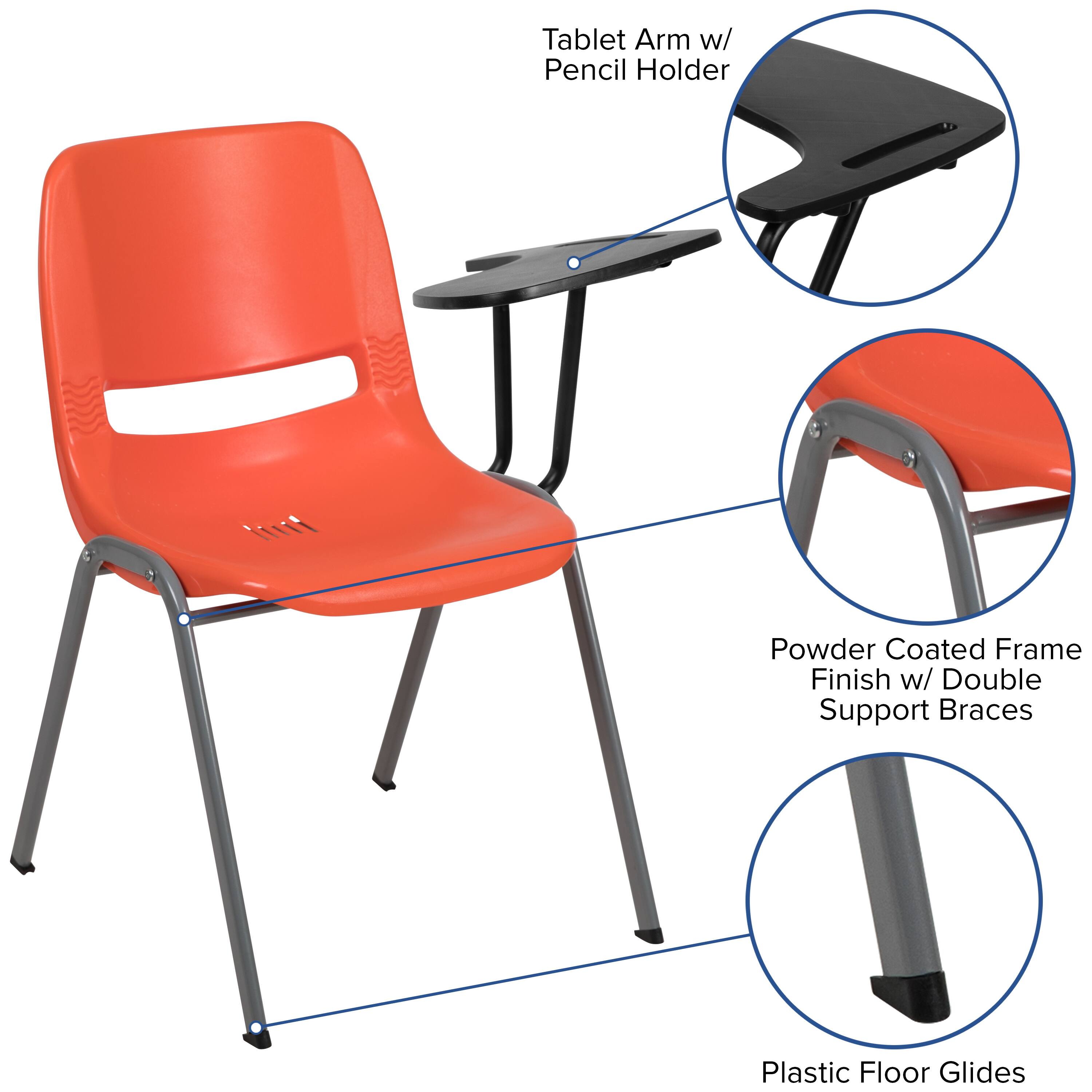 Tablet Arm w/ Pencil Holder  
Powder Coated Frame Finish w/ Double Support Braces  
Plastic Floor Glides