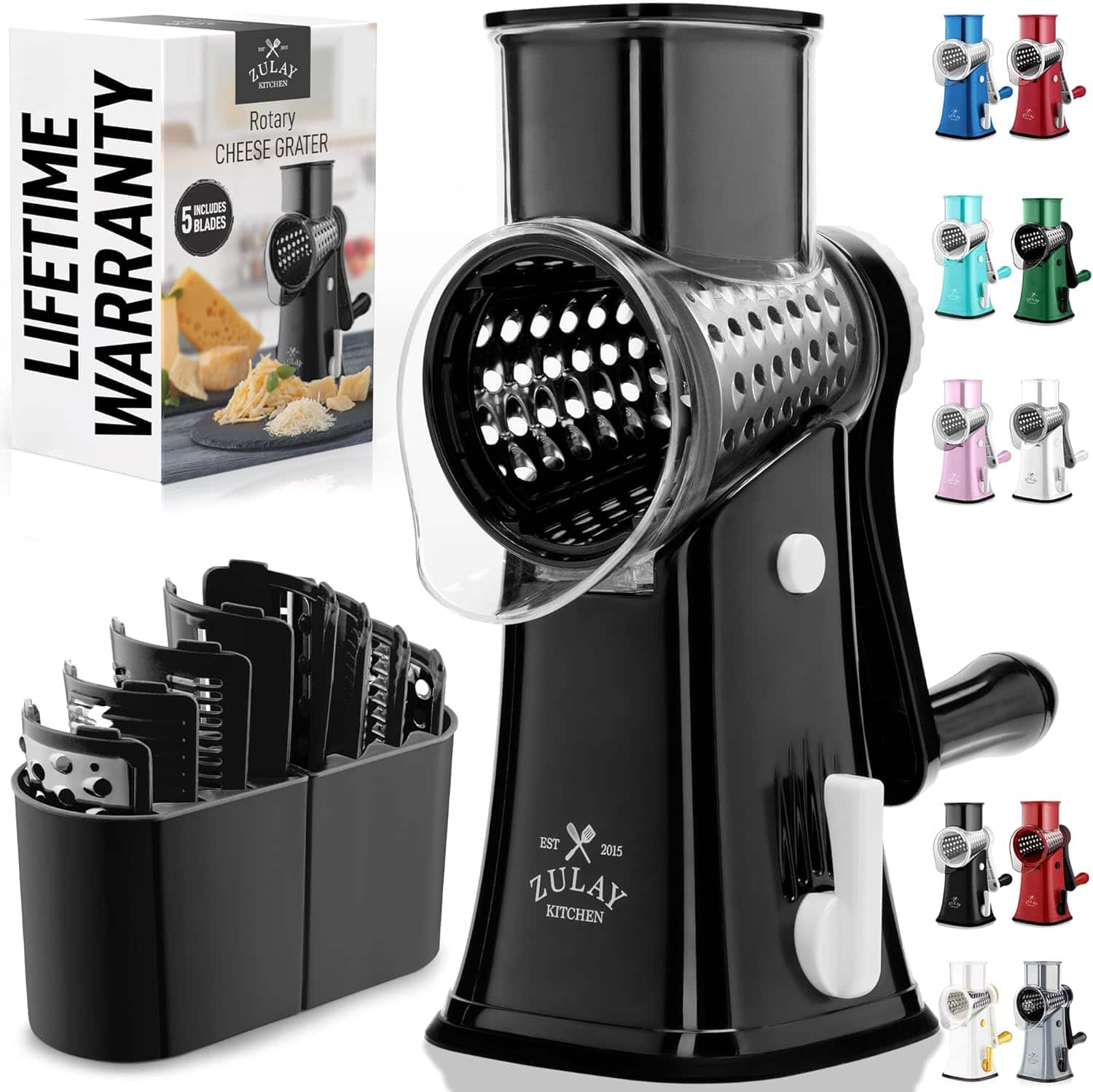 LIFETIME WARRANTY  
LULAY AN Rotary CHEESE GRATER  
INCLUDES 5 BLADES  
EST 2015  
ZULAY KITCHEN