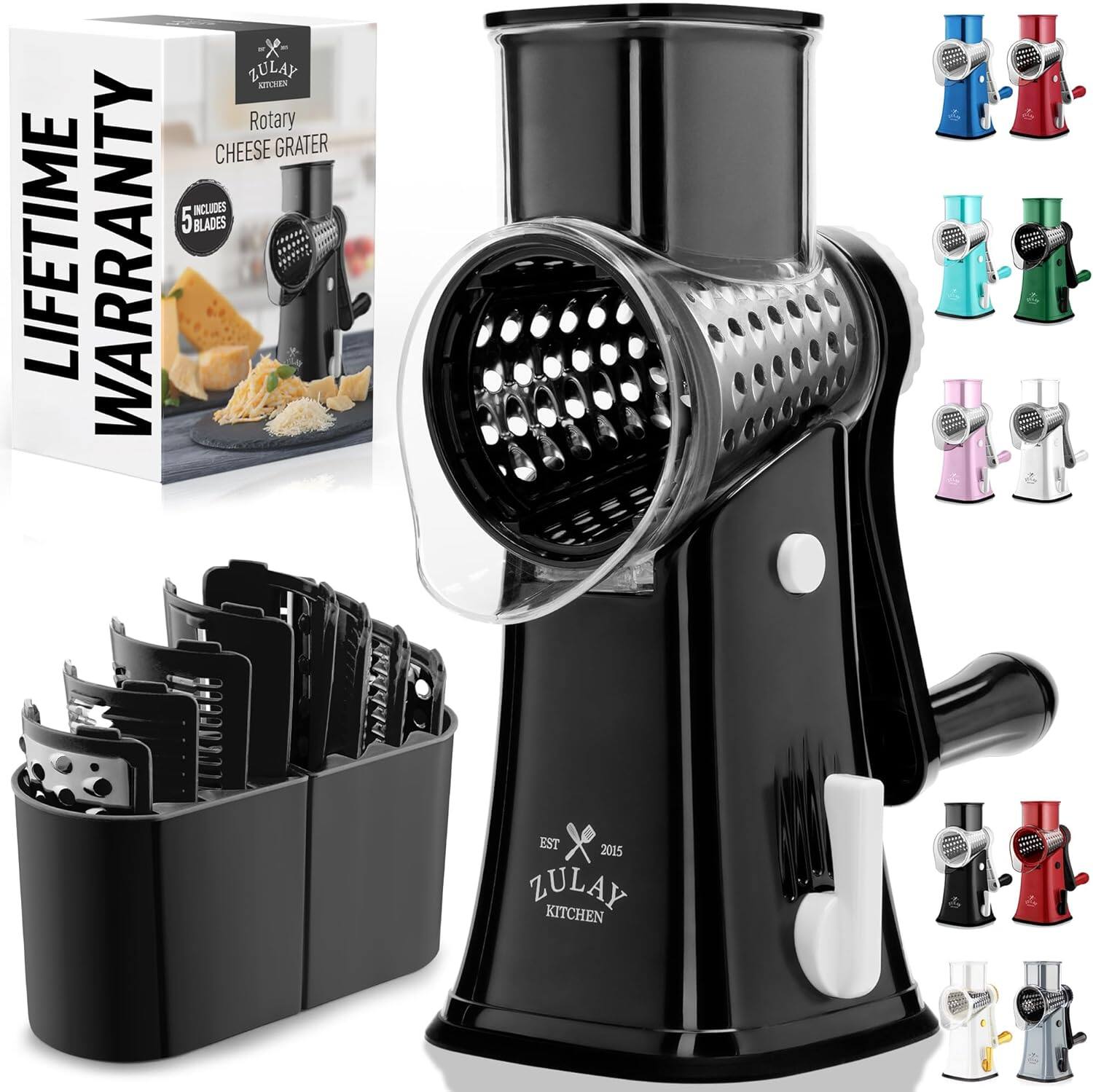 Zulay Kitchen - Rotary Cheese Grater 5 Blade Cheese Shredder with Reinforced Suction & 5 Interchangeable Drums