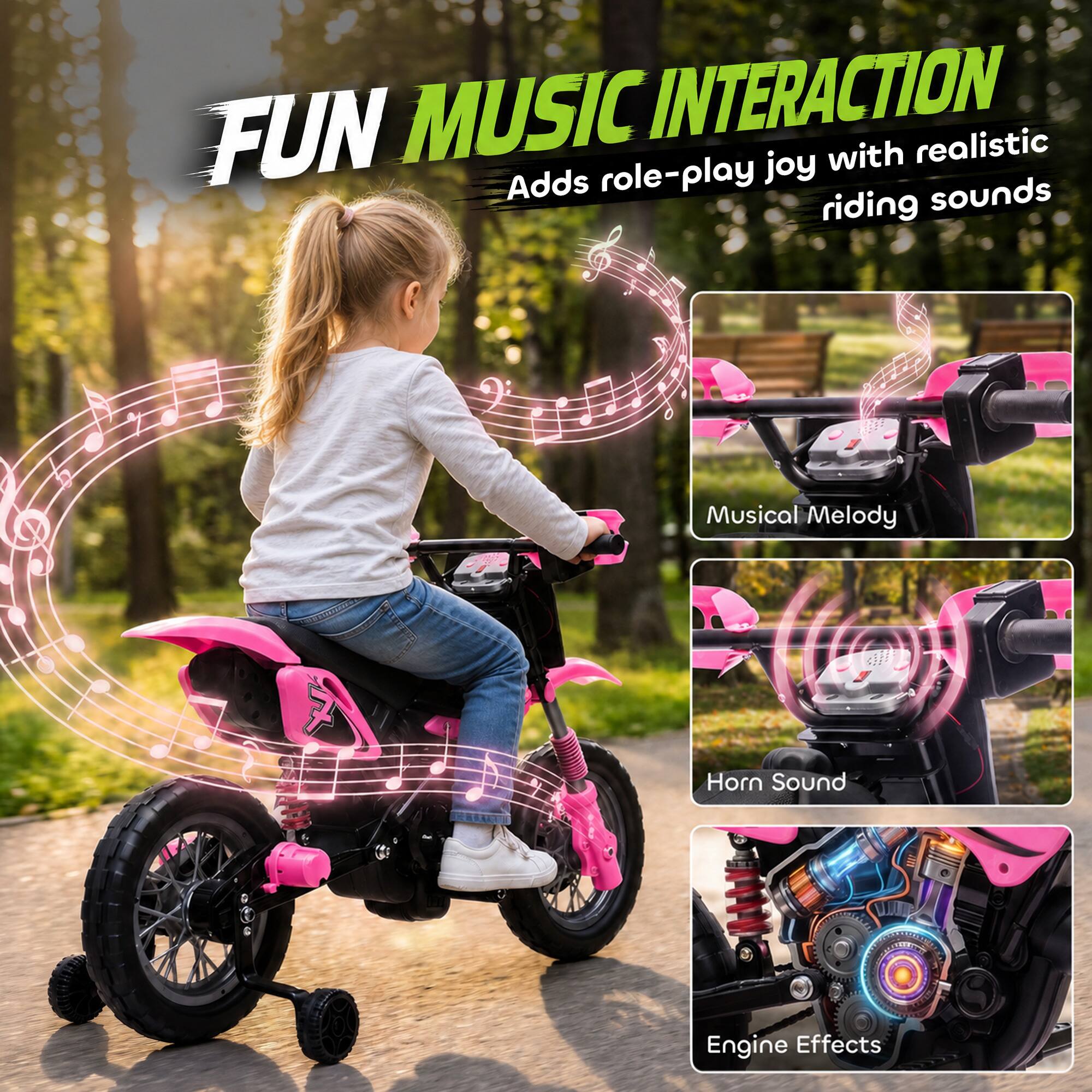 FUN MUSIC INTERACTION  
Adds role-play joy with realistic riding sounds

Musical Melody  
Horn Sound  
Engine Effects