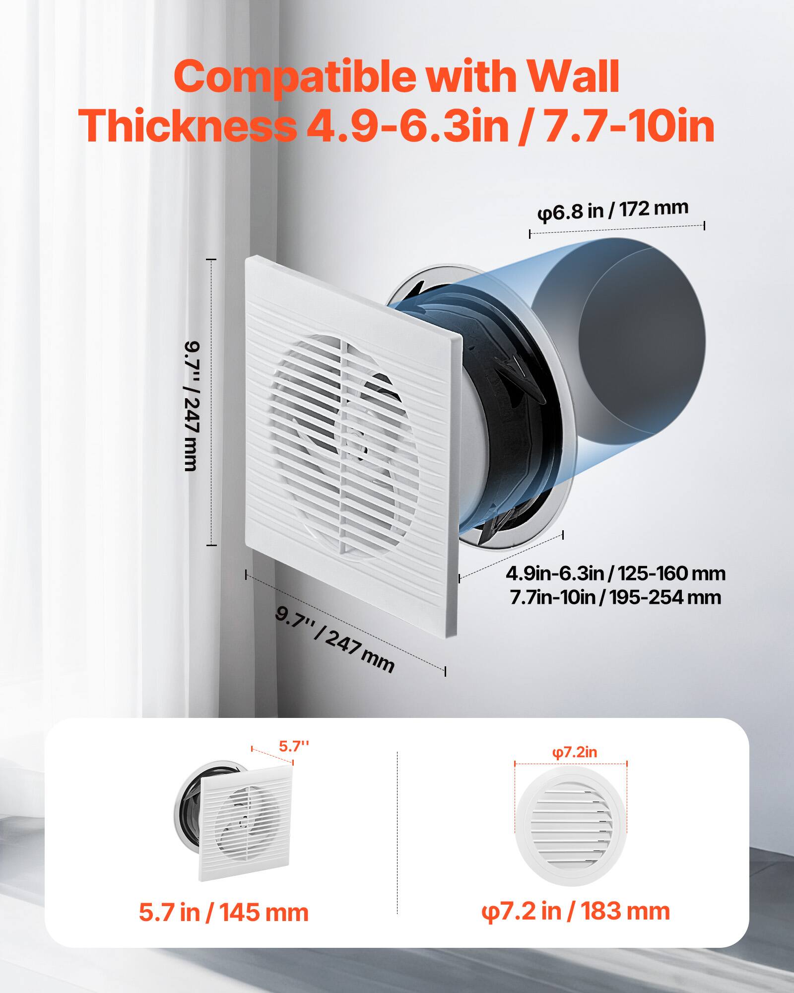 Compatible with Wall Thickness 4.9-6.3in / 7.7-10in

- 4.9in-6.3in / 125-160 mm
- 7.7in-10in / 195-254 mm

- 5.7 in / 145 mm
- 7.2 in / 183 mm

- 6.8 in / 172 mm
- 9.7" / 247 mm