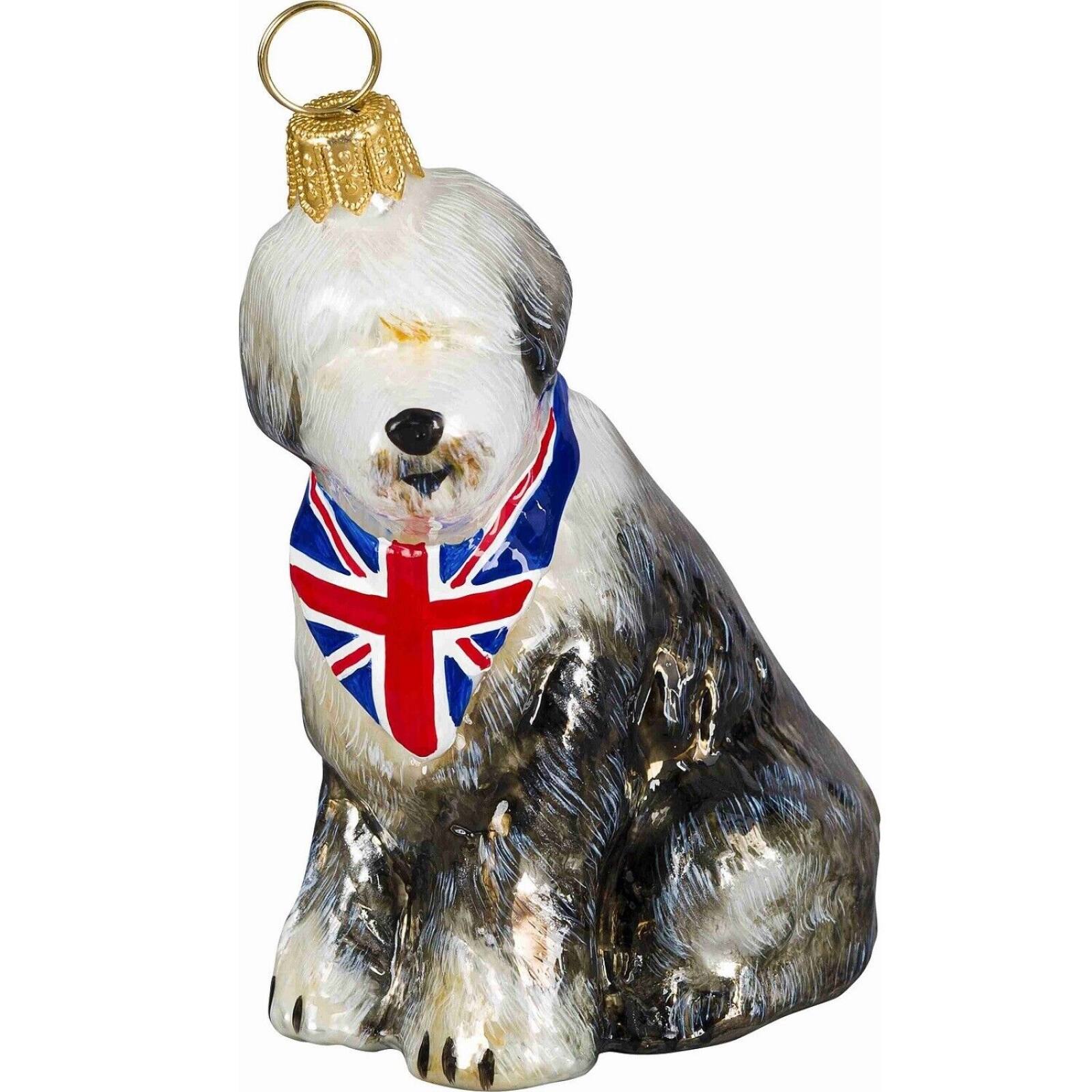 Front. Joy to the World Collectibles - Joy to the World Old English Sheepdog with Union Jack Bandana Polish Glass Christmas Ornament - Multicolor.