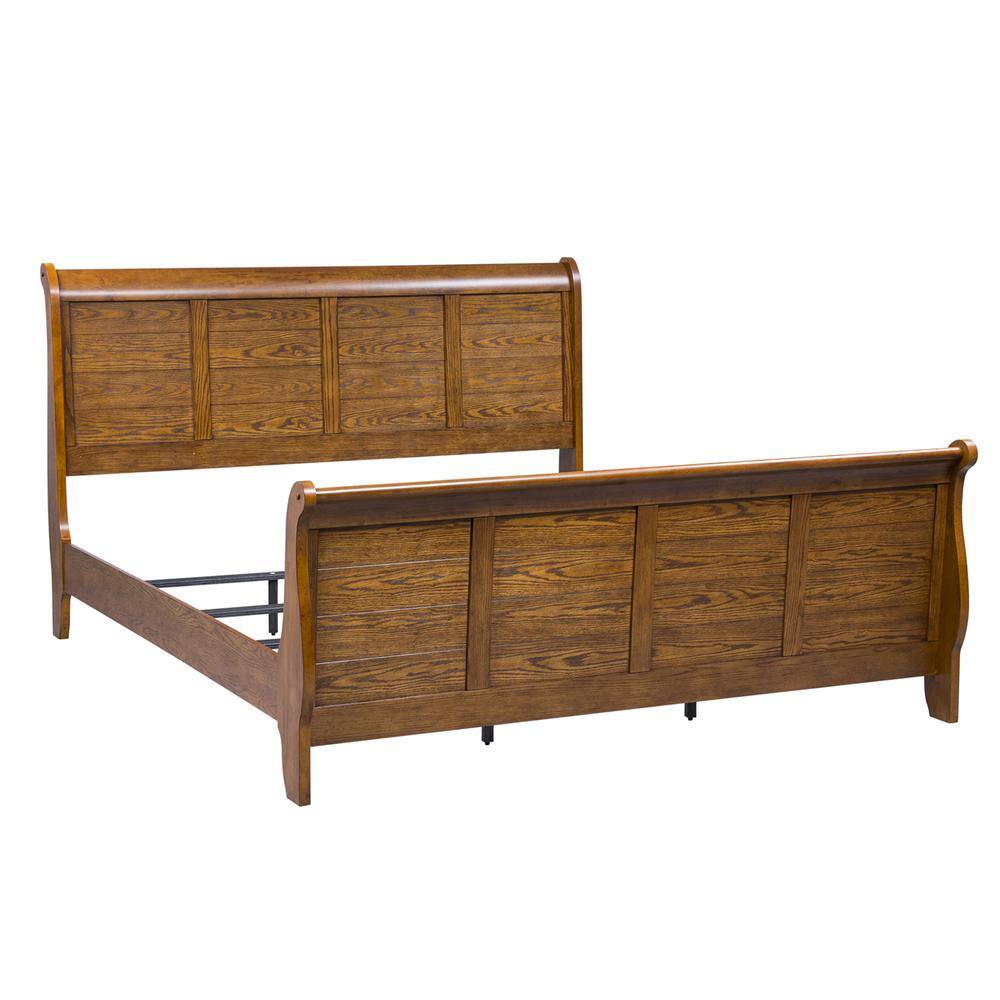 Left. Liberty Furniture Industries - Grandpas Cabin King Sleigh Bed in Aged Oak - Brown.