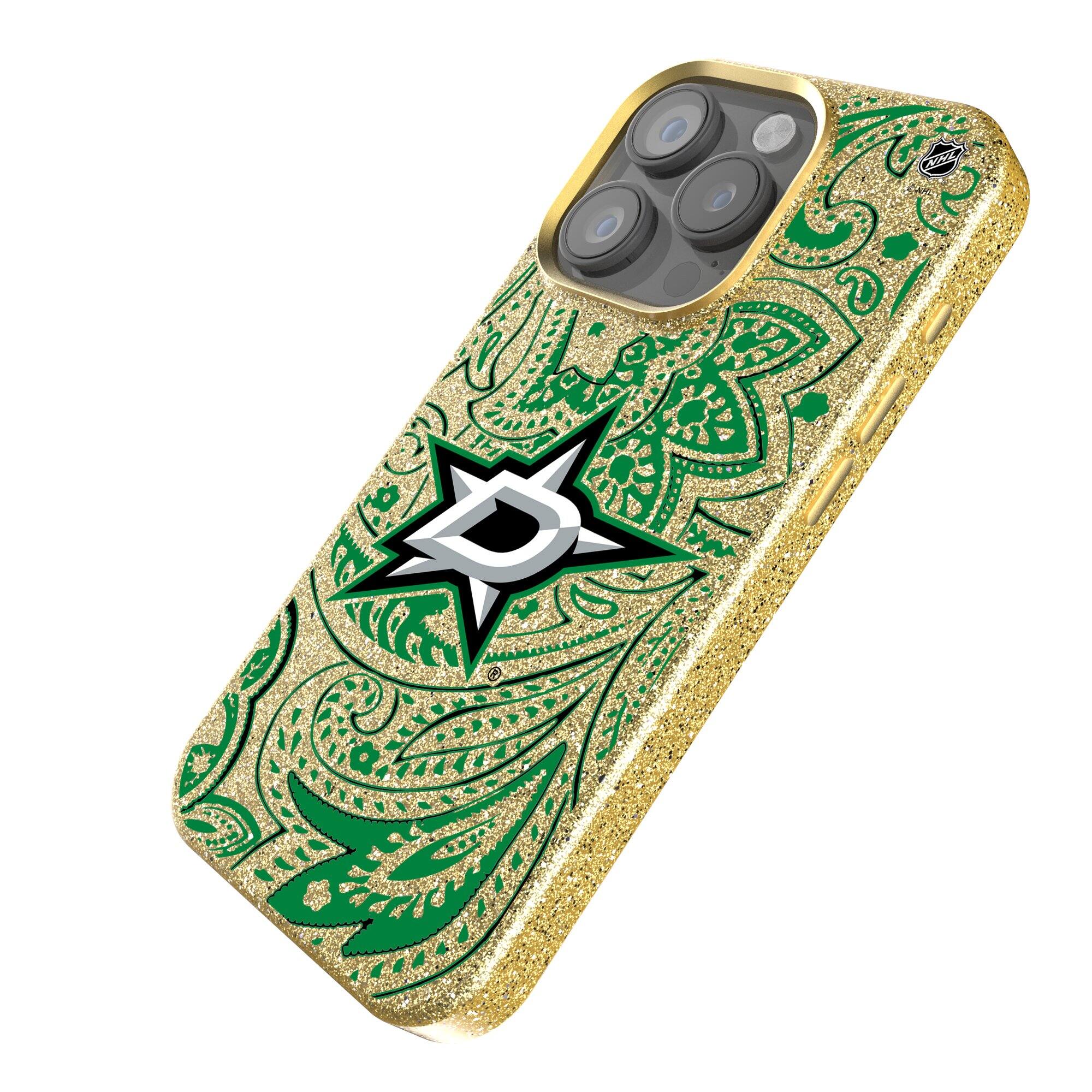 Alt View 1. Keyscaper - Gold Dallas Stars Paisley Bling iPhone Case - 16 Pro Max - Gold.