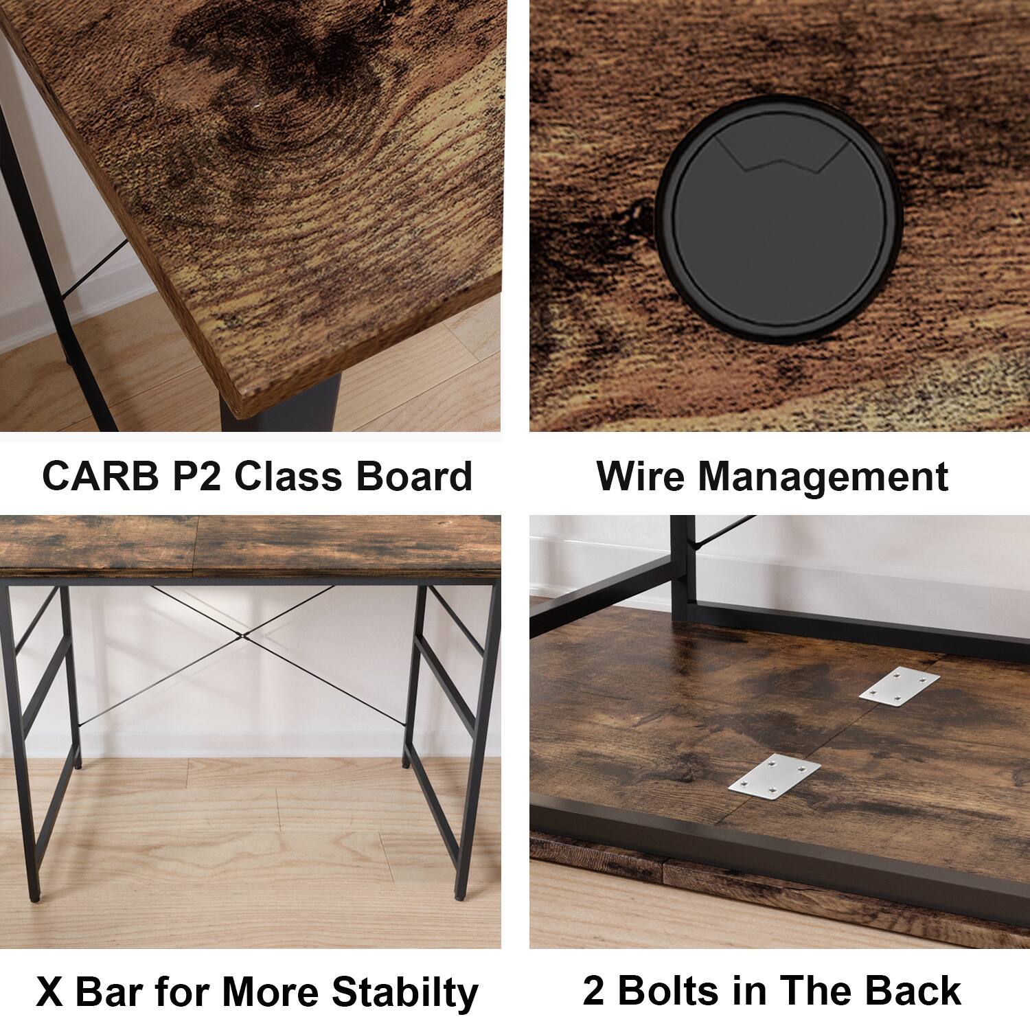 The text on the image can be grouped and corrected as follows:

1. CARB P2 Class Board: This refers to a classroom board made of wood and metal, designed for use in educational settings.
2. Wire Management: This refers to the organization and management of wires and cables in a workspace, ensuring a clutter-free and functional environment.
3. X Bar for More Stability: This refers to a horizontal bar attached to a desk or table, providing additional stability and support.
4. 2 Bolts in The Back: This refers to the two bolts on the back of the desk or table, which can be used for attaching additional accessories or securing the table to the floor.