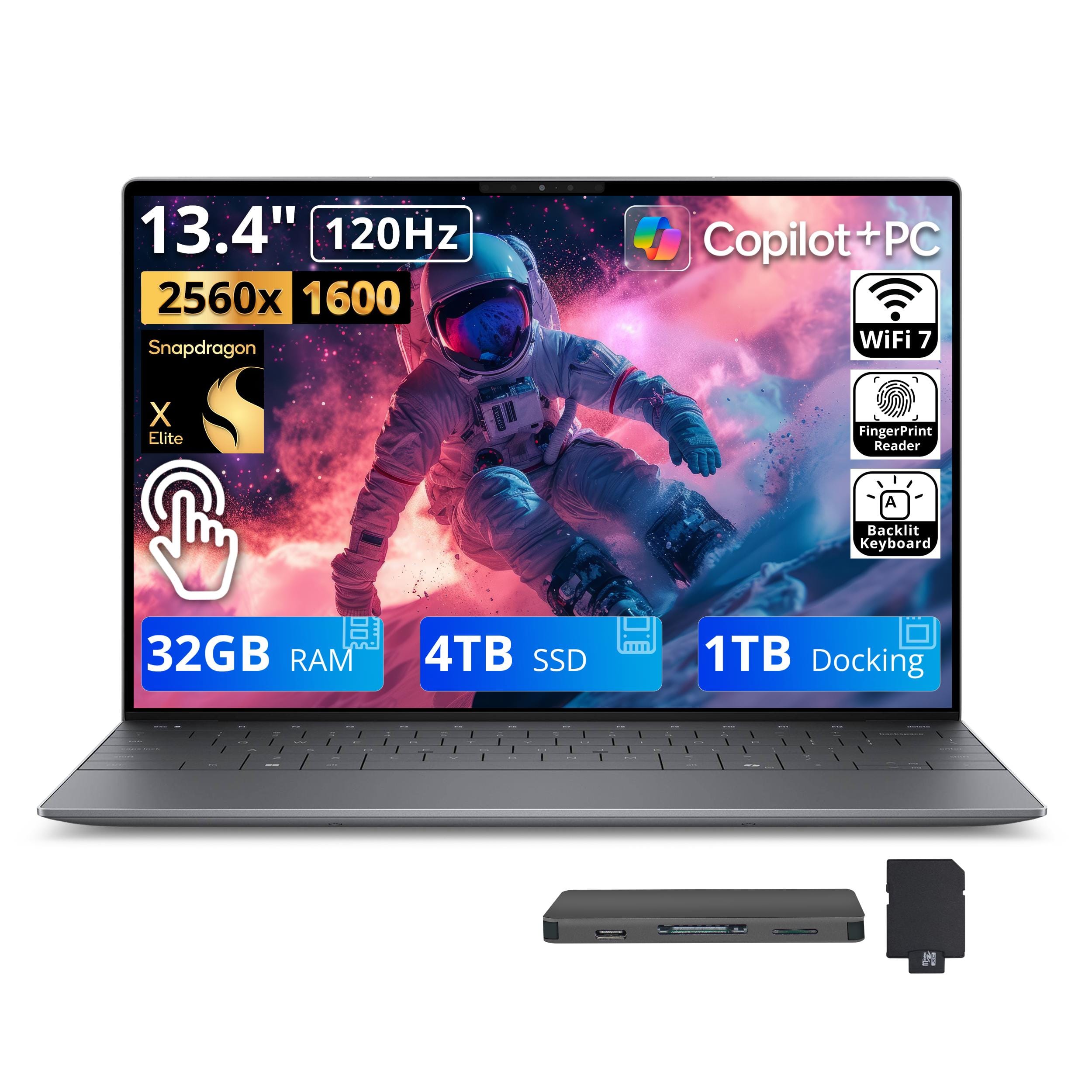 Dell - Upgraded - XPS 13 13.4" QHD+ Touch Laptop,Snapdragon X Elite,32GB RAM,4TB SSD+1TB Dock Set,Backlit,Fingerprint,Win 11 - Graphite