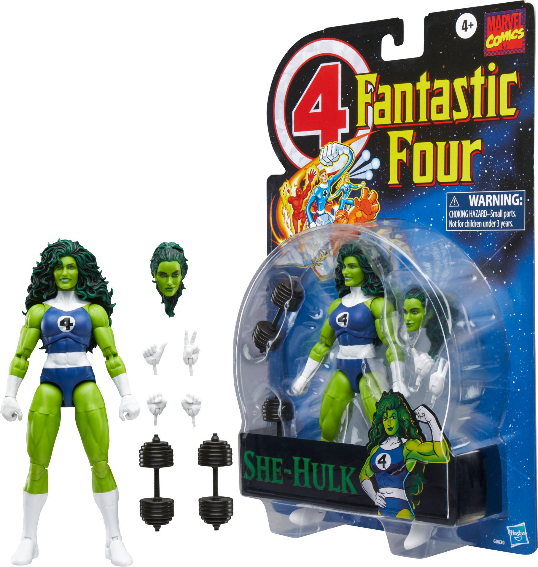 4+ Marvel Comics Fantastic Four She-Hulk action figure. Warning: Choking hazard - small parts. Not for children under 3 years.