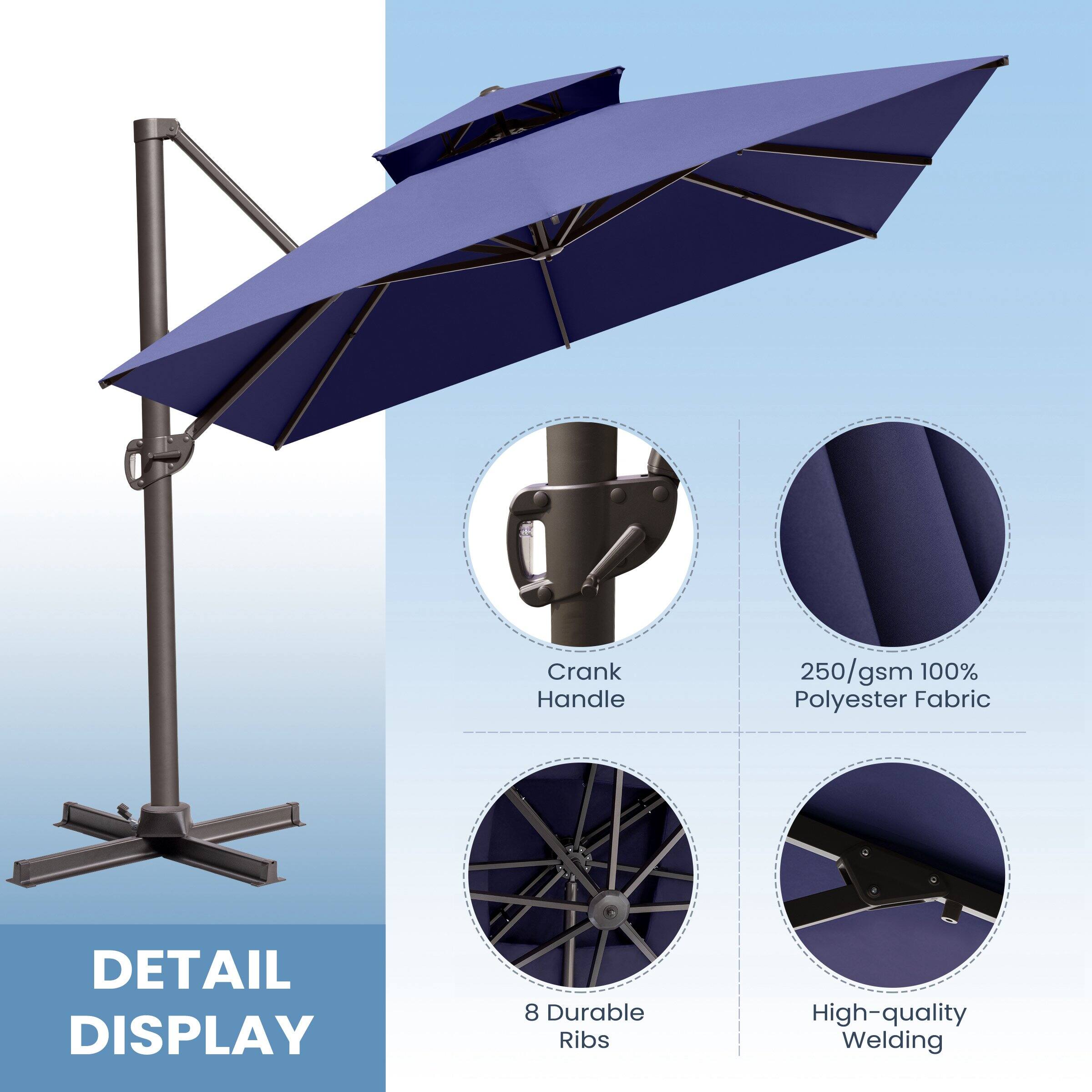 DETAIL DISPLAY

- Crank Handle
- 250/gsm 100% Polyester Fabric
- 8 Durable Ribs
- High-quality Welding