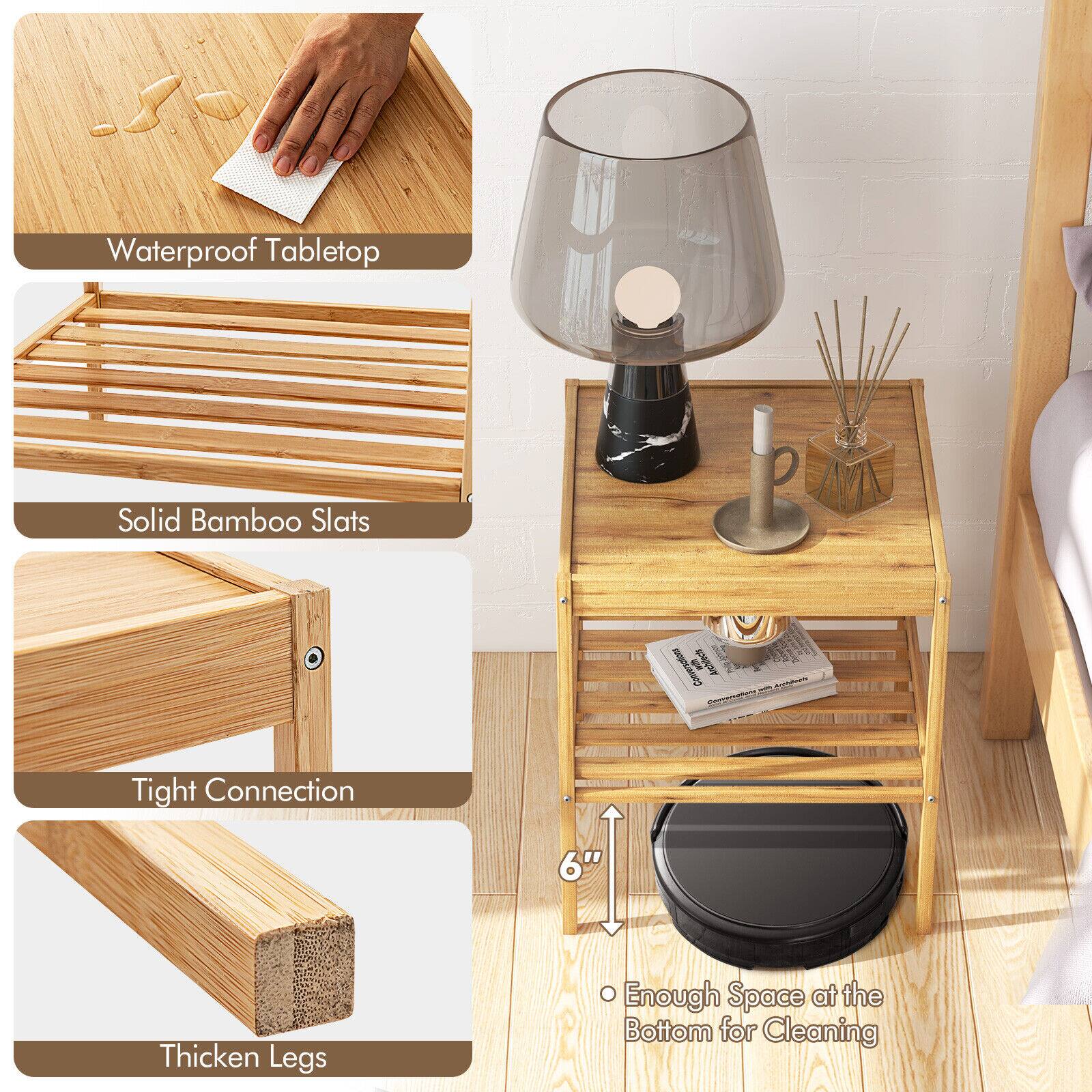 Waterproof Tabletop  
Solid Bamboo Slats  
Tight Connection  
Thicken Legs  
6"  
Enough Space at the Bottom for Cleaning