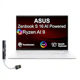 ASUS - Zenbook S 16 Laptop 16.0 2.8K Display (Ryzen AI 9 365, 24GB, 1TB SSD, AMD Radeon 880M, Win 11 Pro) w/USB Hub - Scandinavian White