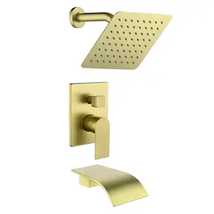 Front. Boyel Living - Single Handle 1 Spray Tub and Shower Faucet with 8 Inch Square Fixed Shower in Brushed Gold Valve Included - Brushed Gold.