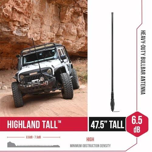 HEAVY-DUTY BULLBAR ANTENNA  
HIGHLAND TALL™  
47.5" TALL  
6.5 dB  
6.6dB - 7.5dB  
HIGH  
MINIMUM OBSTRUCTION DENSITY