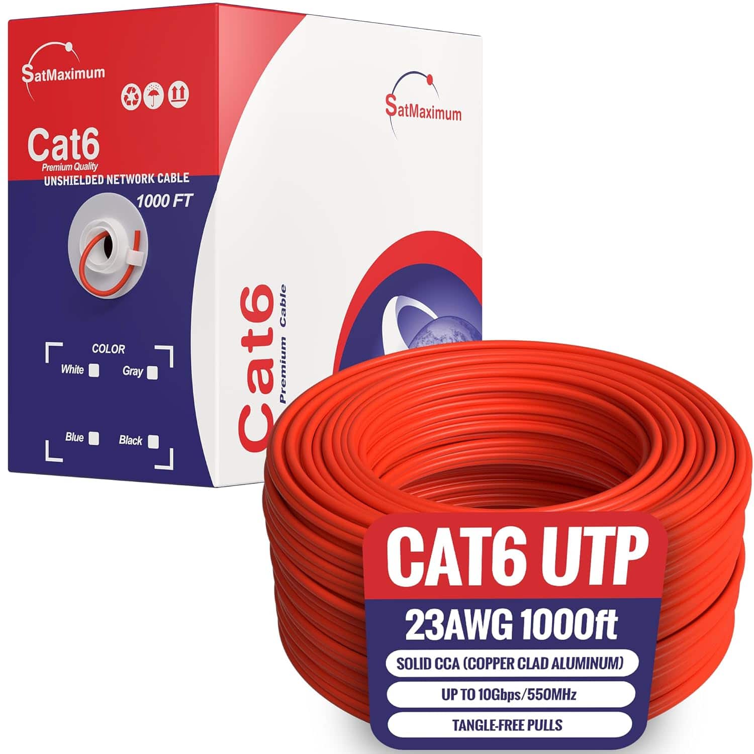 Cables Direct Online - CAT6 Cable 1000ft Pull Box Solid Ethernet LAN UTP Cable 23AWG 550Mhz Network CCA Copper Clad Aluminum Wire Bulk Red