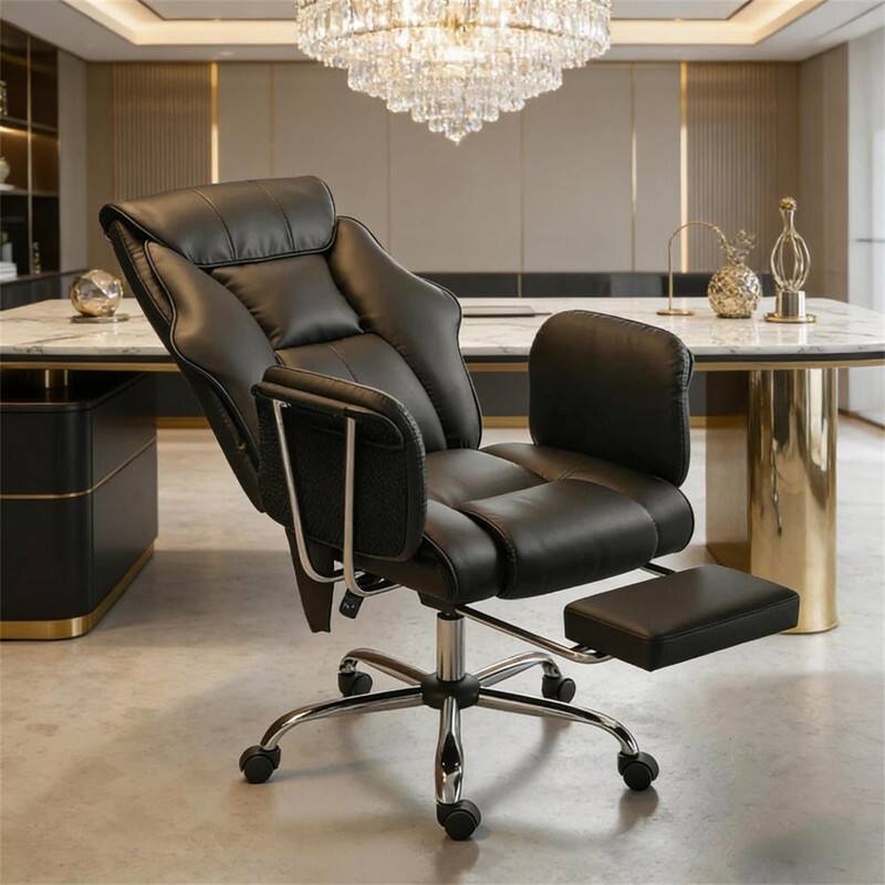 Front. HTUTWOO - High Back Office Chair - 6-Point Vibration Massage, 155° Reclining with Footrest, PU Leather, 265lb Capacity,360° Swivel - Black.