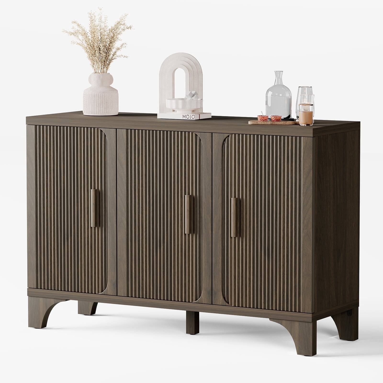 Front. Sugift - 47 Inch Fluted Buffet Cabinet Sideboard with 3 Doors and 4 Storage Compartments - Walnut Brown.