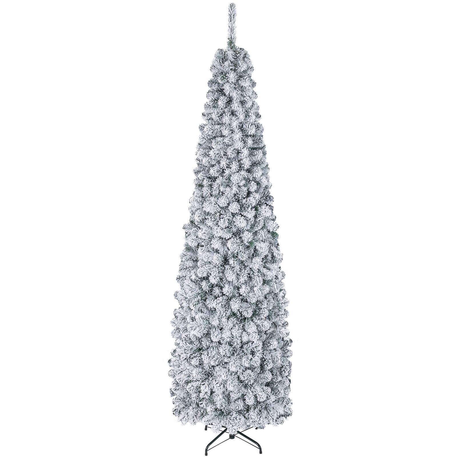 Alt View 9. Costway - 7.5 FT Pre-Lit Flocked Pencil Christmas Tree Hinged - Green/White.