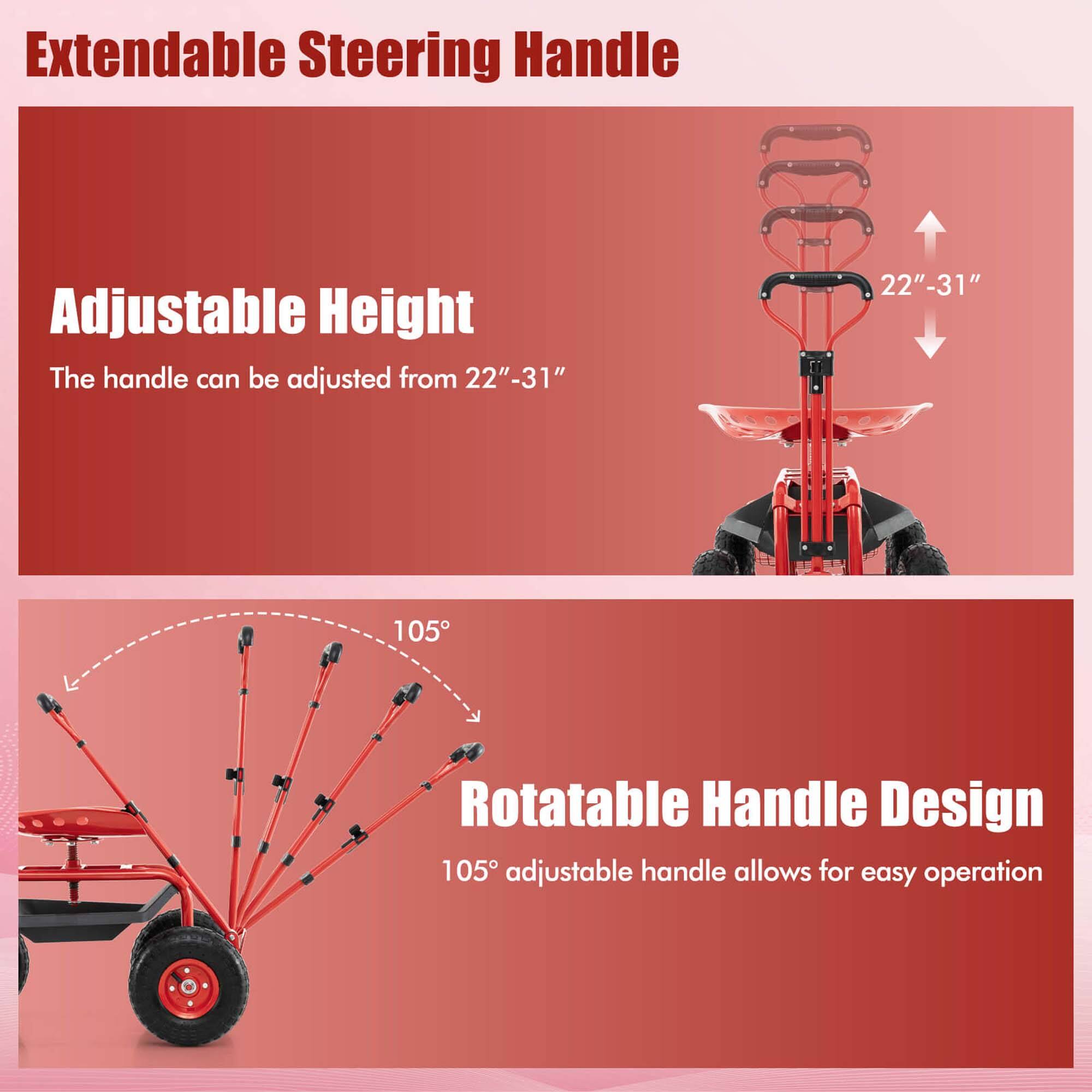 Extendable Steering Handle

Adjustable Height
The handle can be adjusted from 22"-31"

Rotatable Handle Design
105° adjustable handle allows for easy operation