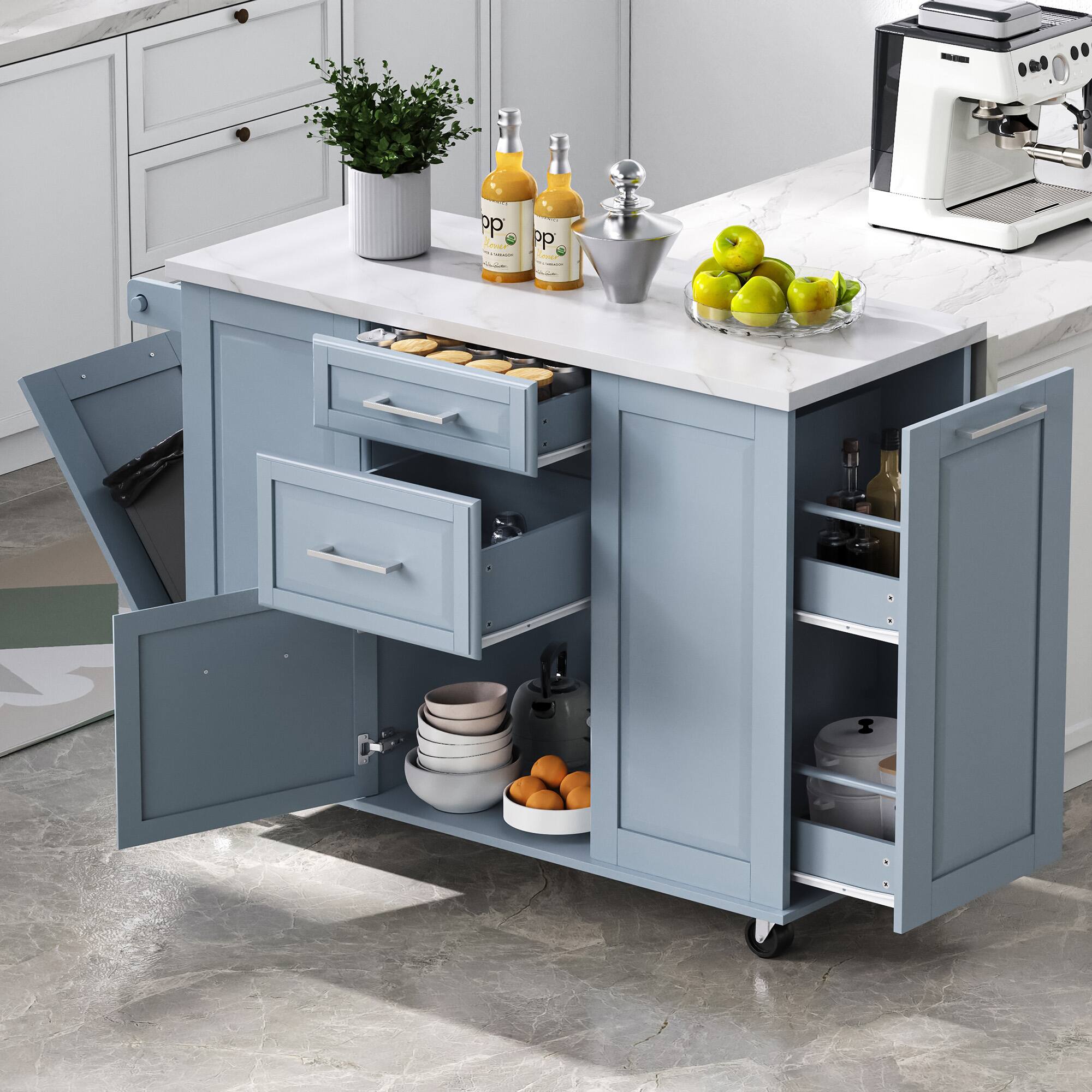 Back. PexFix - 50.7" Mobile Kitchen Island with Drop Leaf & Hidden Trash Can - Rolling Cart with Drawers, Organizer & Faux Marble Top - Gray.