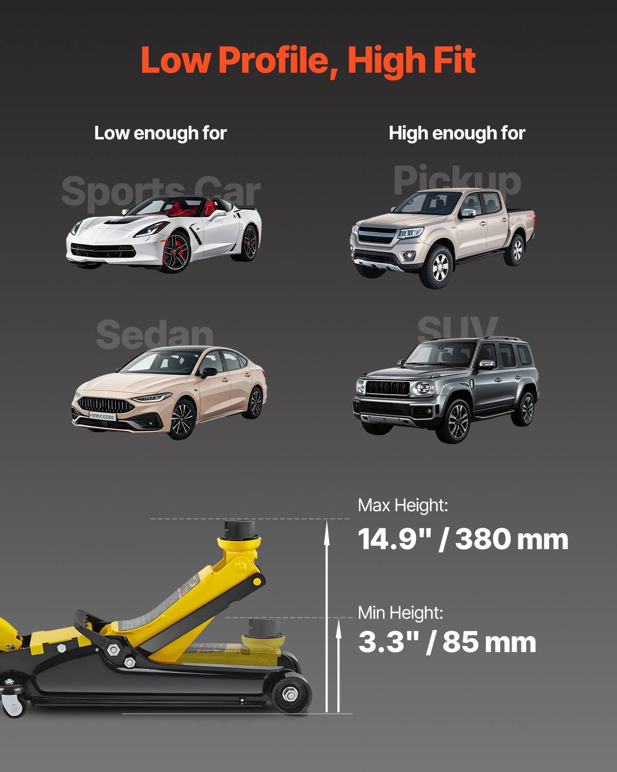 Low Profile, High Fit  
Low enough for Sports Car  
High enough for Pickup  
Sedan SUV  
Max Height: 14.9" / 380 mm  
Min Height: 3.3" / 85 mm
