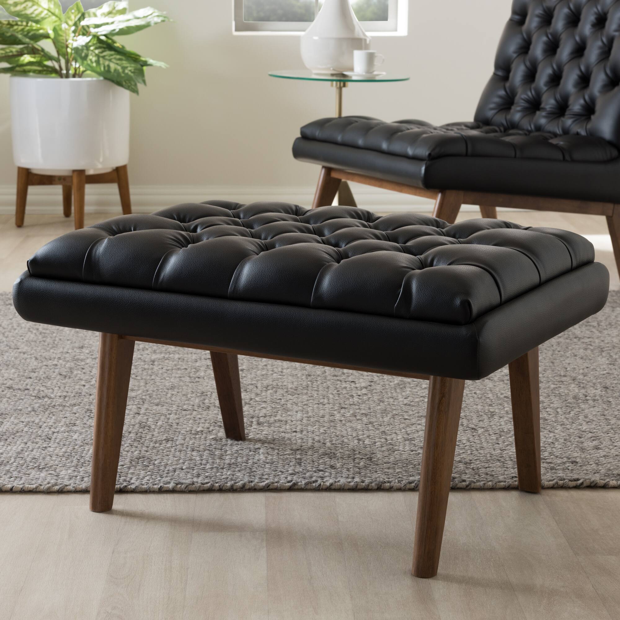 Alt View 2. Baxton Studio - Annetha Mid-Century Modern Faux Leather Upholstered Walnut Finished Wood Ottoman - Black.