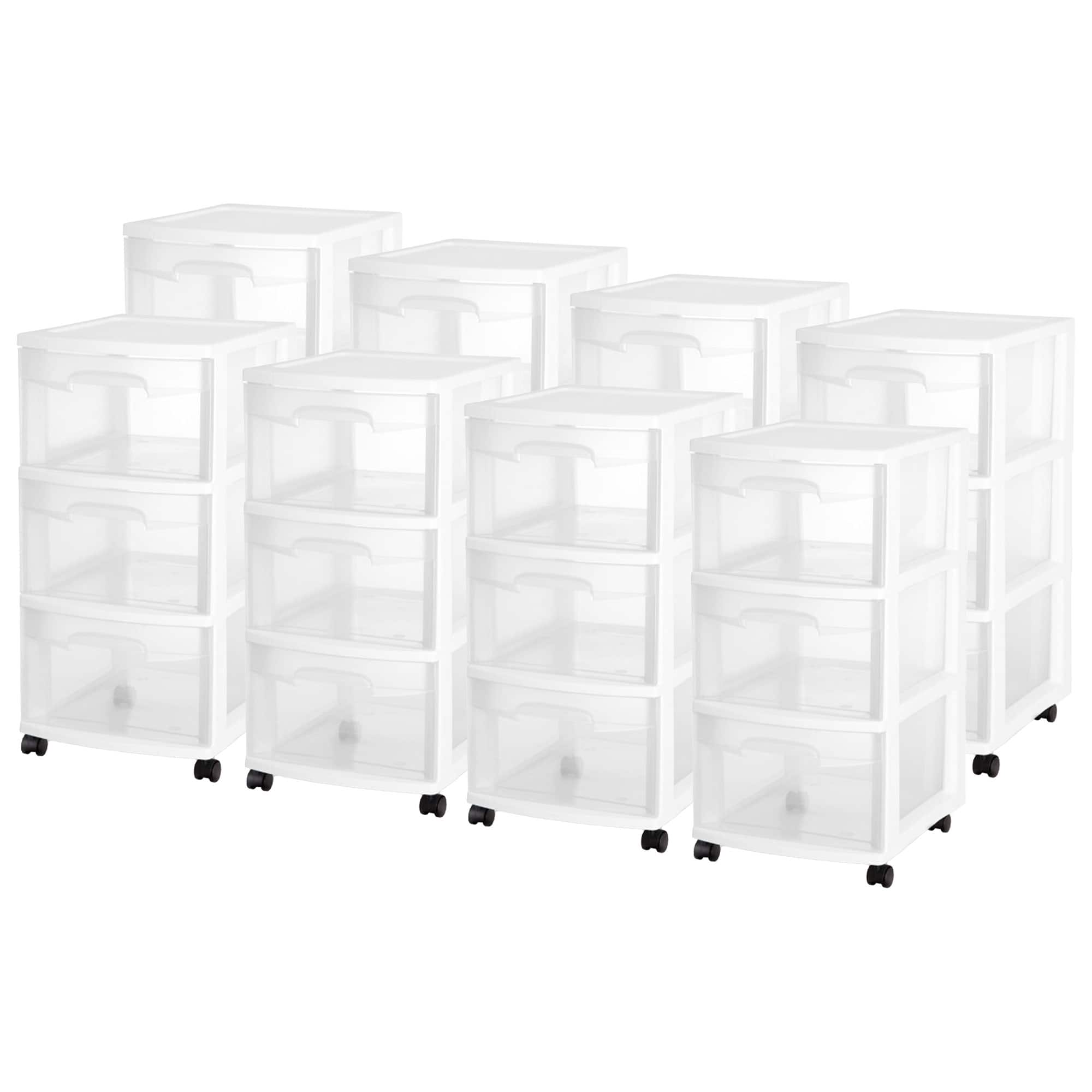 Sterilite - 3 Drawer Storage Cart, Plastic Rolling Organizer with Wheels, 8 Pack - White