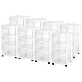 Sterilite - 3 Drawer Storage Cart, Plastic Rolling Organizer with Wheels, 8 Pack - White