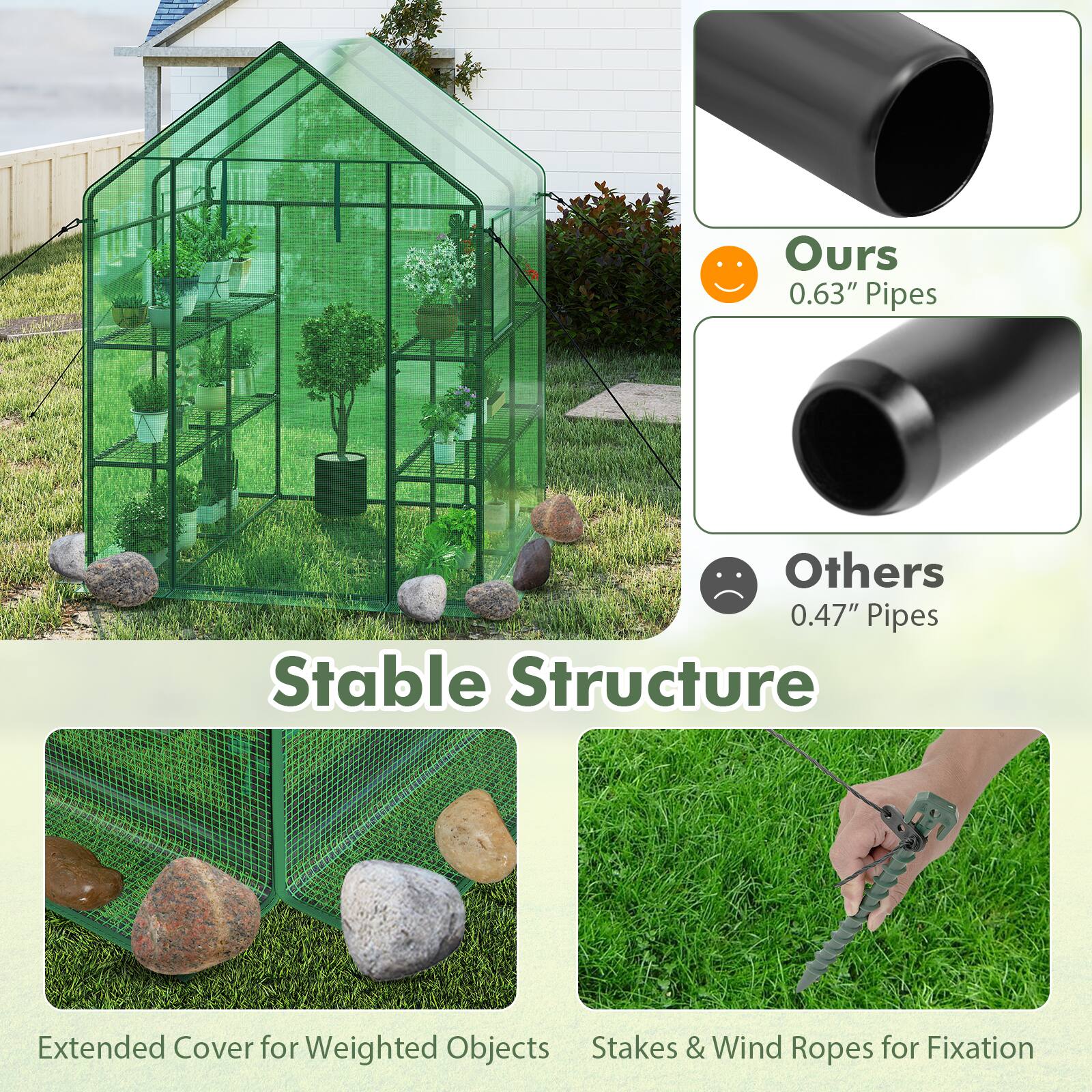 - Ours 0.63" Pipes
- Others 0.47" Pipes

Stable Structure

Extended Cover for Weighted Objects

Stakes & Wind Ropes for Fixation