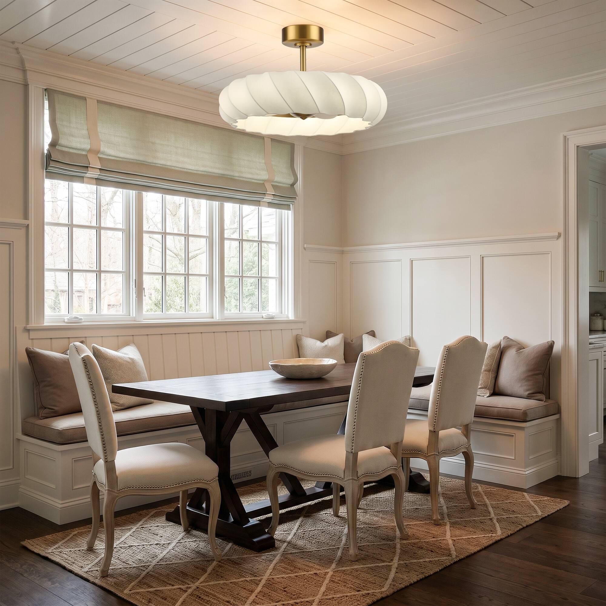 Left. Parrot Uncle - 30" Luxury Modern Silk Fandelier Ceiling Fan with LED Light, 6-Speed Reversible Motor and Remote Control - Brass.