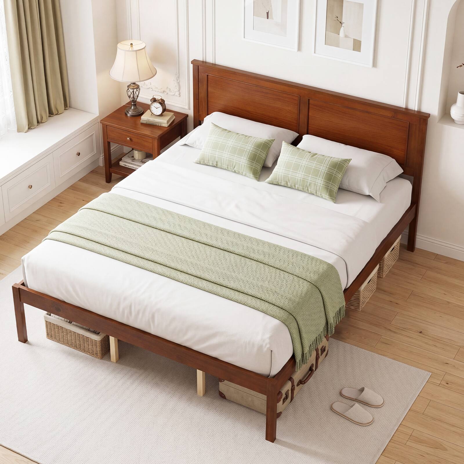 Alt View 1. Gymax - Gymax Queen Size Bed Frame Farmhouse Wooden Platform Bed w/Headboard Under-Bed Storage - Brown.