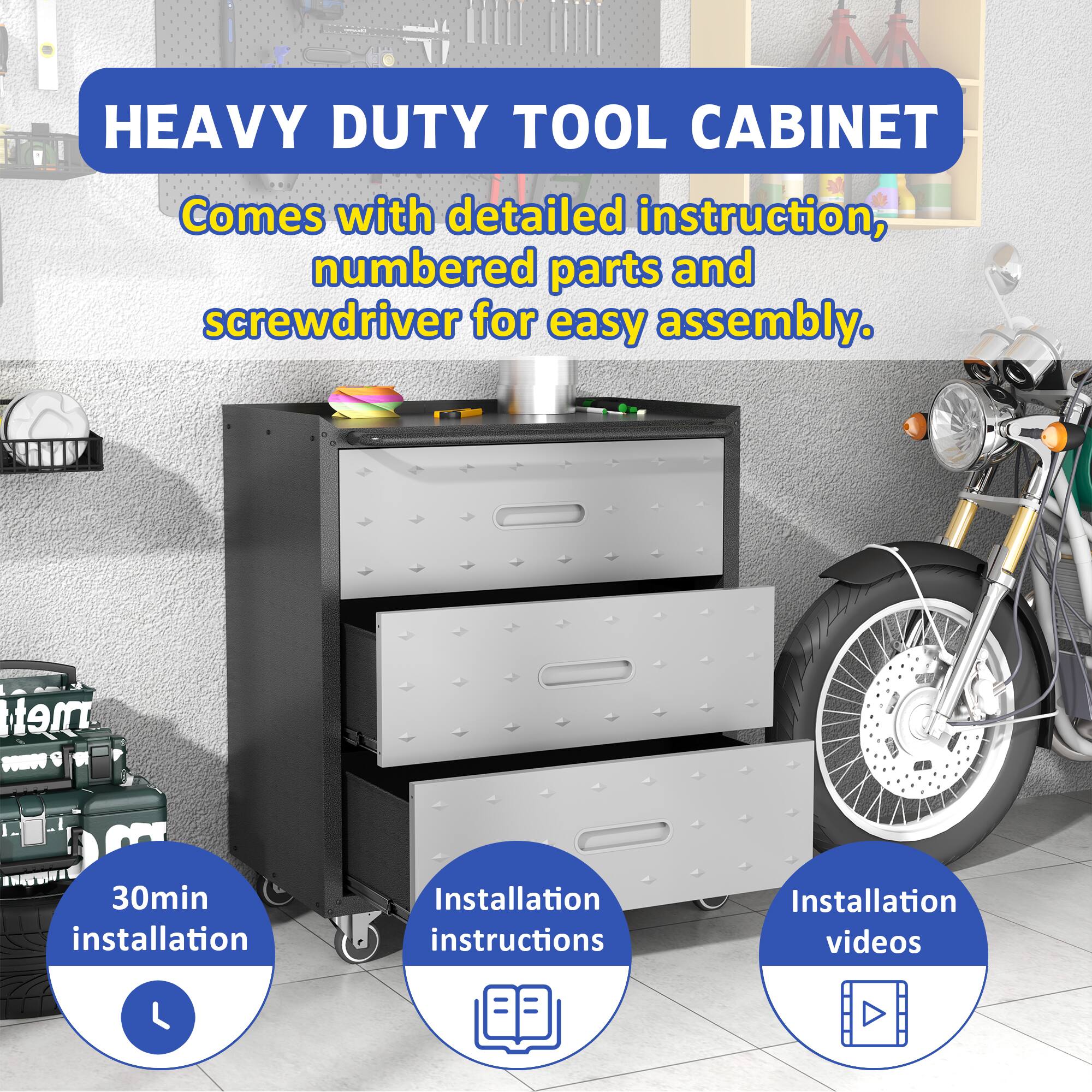 HEAVY DUTY TOOL CABINET

Comes with detailed instruction, numbered parts and screwdriver for easy assembly.

30min installation

Installation instructions

Installation videos
