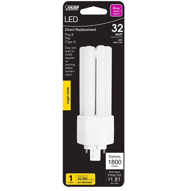 Leie FEIT Electric LED Direct Replacement Plug & Play (Type A)  
Easy and quick to install, requires no rewiring, ballast remains intact  
4 PIN X240-3 C240-3  
32 WATT uses only 15W  
White Bright  
Brightness 1800 lumens  
Lasts up to 25,000 hours  
Non-dimmable  
Estimated Energy Cost $1.81 per year