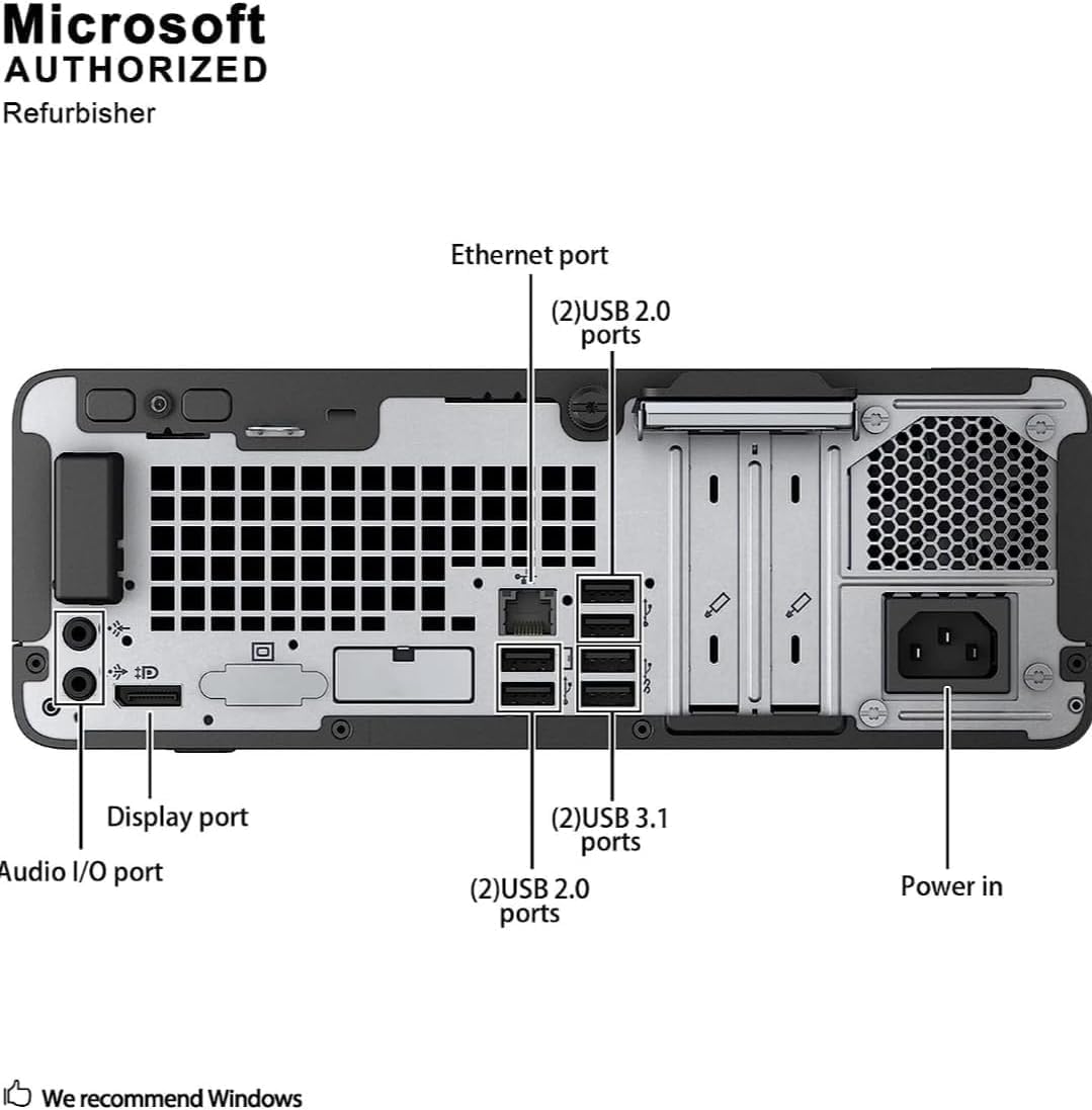Microsoft AUTHORIZED Refurbisher

Ethernet port  
(2) USB 2.0 ports  
Display port  
Audio I/O port  
(2) USB 3.1 ports  
(2) USB 2.0 ports  
Power in  

We recommend Windows