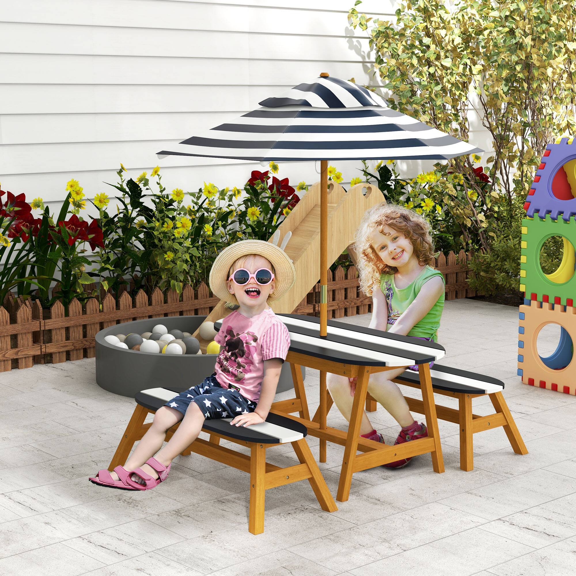 Angle. Outsunny - Kids Picnic Table Set with Removable Umbrella, Wooden Kids Table and Benches for 4 Kids Ages 3-8 Years - Blue and White.