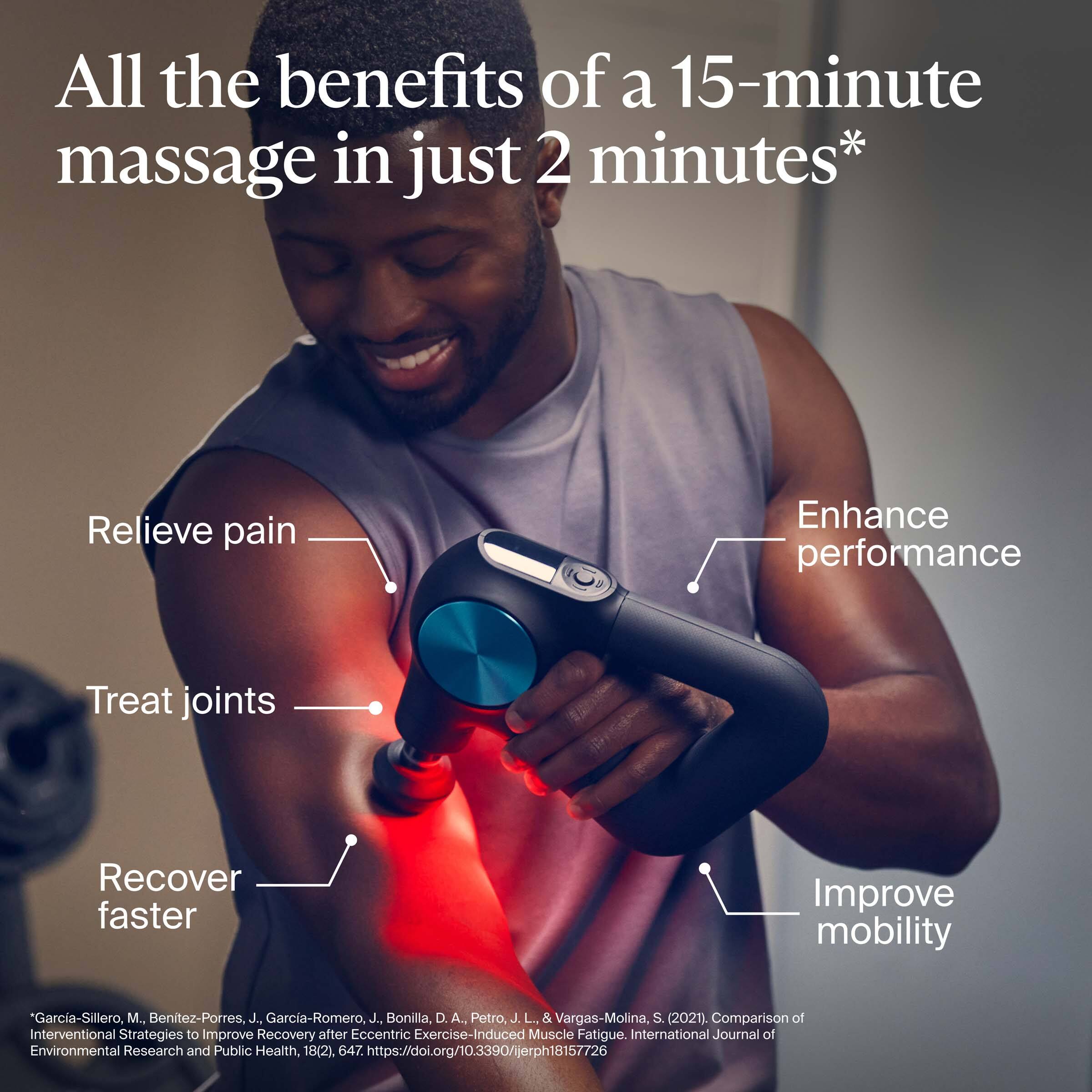 All the benefits of a 15-minute massage in just 2 minutes*

- Relieve pain
- Treat joints
- Recover faster
- Enhance performance
- Improve mobility

*Garcia-Sillero, M., Benitez-Porres, J., Garcia-Romero, J., Bonilla, D. A., Petro, J. L., & Vargas-Molina, S. (2021). Comparison of Interventional Strategies to Improve Recovery after Eccentric Exercise-Induced Muscle Fatigue. International Journal of Environmental Research and Public Health, 18(2), 647. https://doi.org/10.3390/ijerph18157726